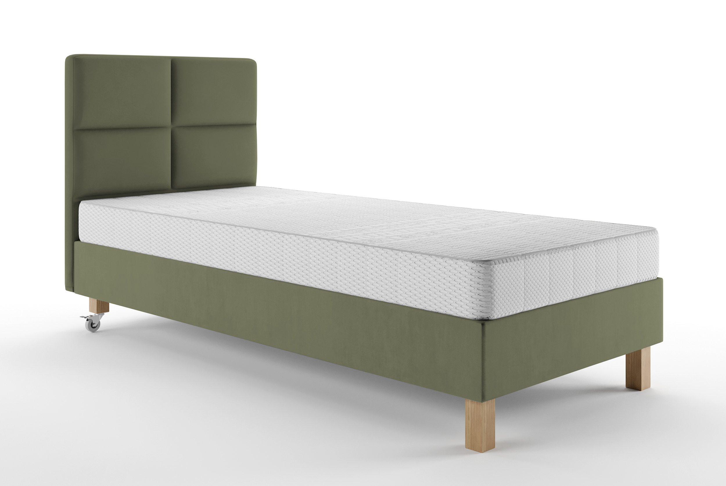 Łóżko tapicerowane 90x200 cm  Donbay z wezglowiem panelowym i materacem kieszeniowym oliwkowe welur hydrofobowy - zdjęcie 1