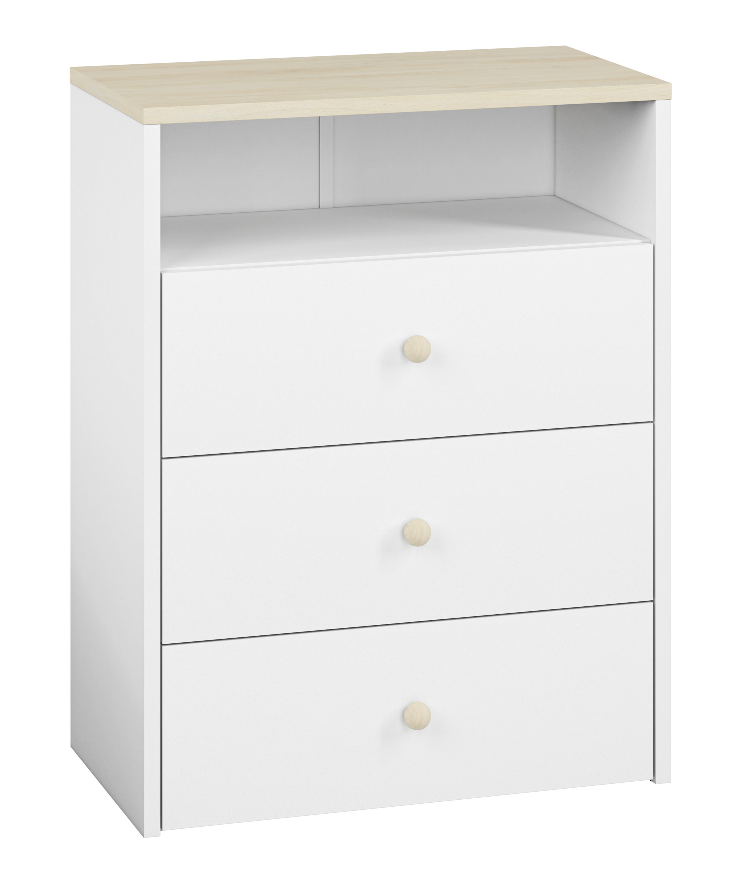 Komoda Rettio 74 cm z trzema szufladami i półką biała/buk Fjord - zdjęcie 1