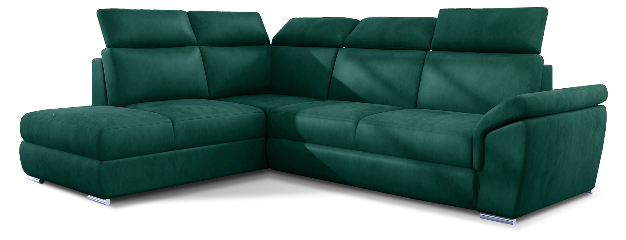 Narożnik z funkcją spania Kaoci L-kształtny z pojemnikiem zielony welwet hydrofobowy lewostronny - zdjęcie 1