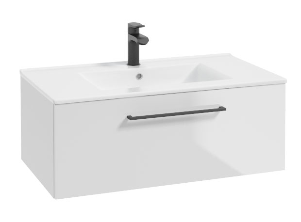 Szafka z umywalką Modullac 80 cm biały połysk z szufladą i czarnym uchwytem - zdjęcie 1