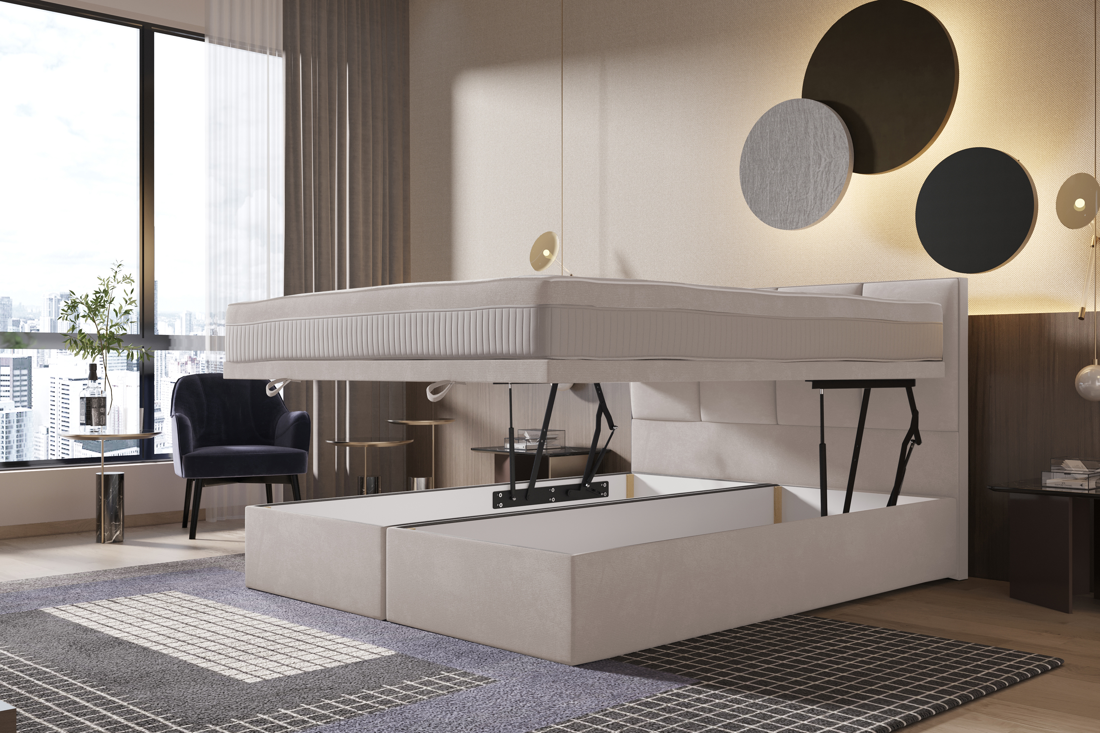 Łóżko kontynentalne 200x200 cm Mercatale z pojemnikami kremowy welur