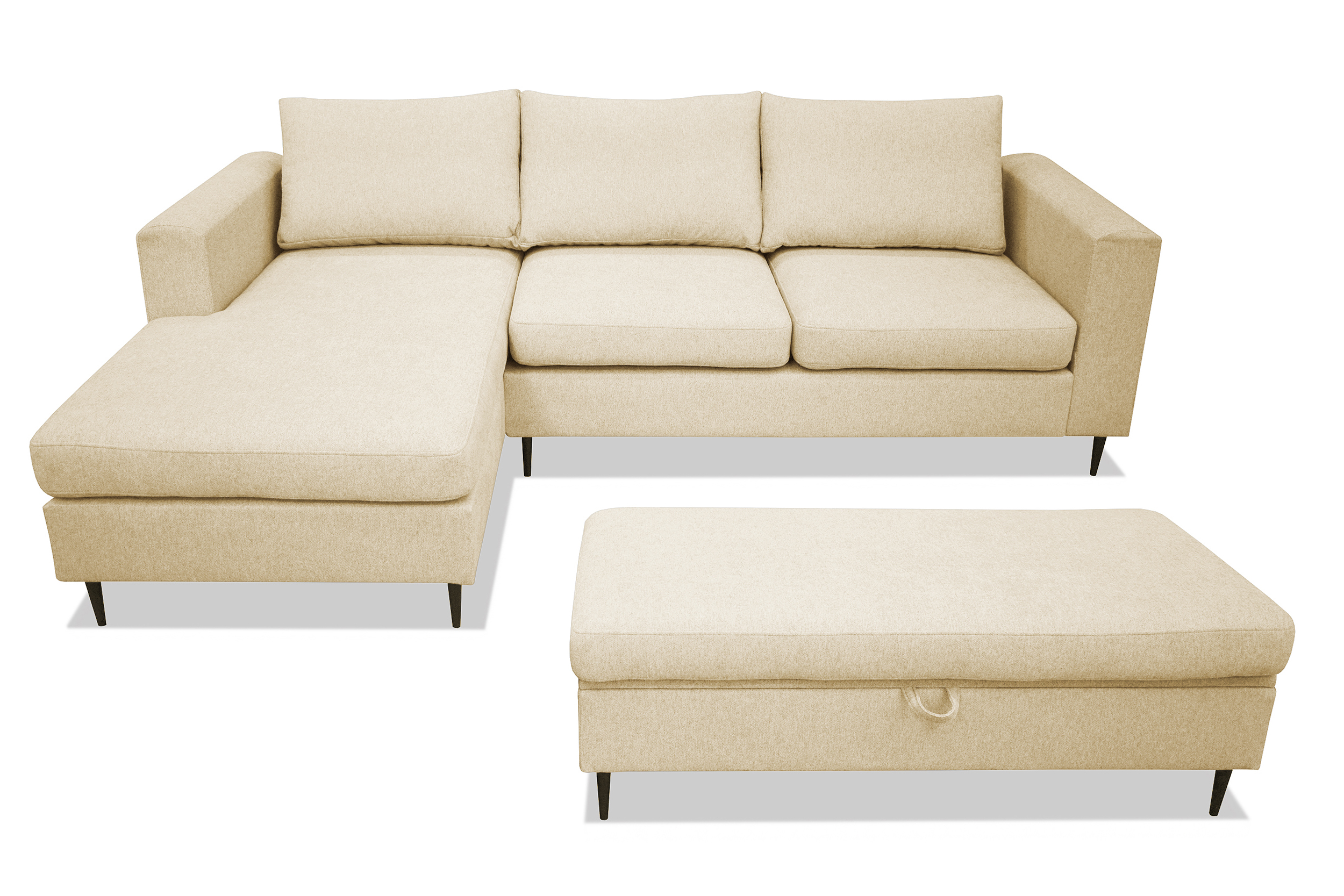 Narożnik z funkcją spania Barbiano z pufą jasnobeżowy plecionka hydrofobowa lewostronny - zdjęcie 1