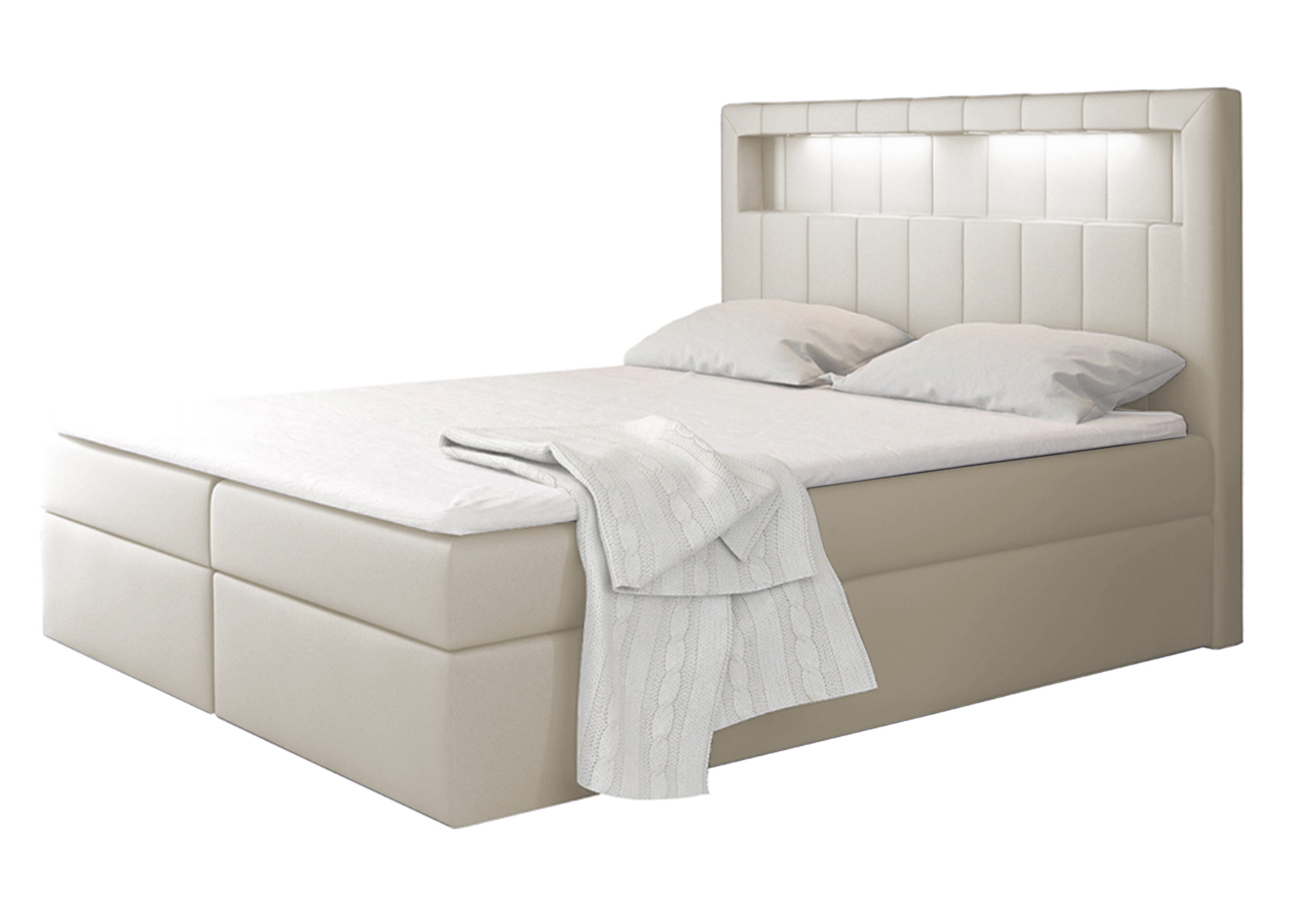 Łóżko kontynentalne Liarchil 200x200 z dwoma pojemnikami, materacem i topperem kremowe hydrofobowe - zdjęcie 1