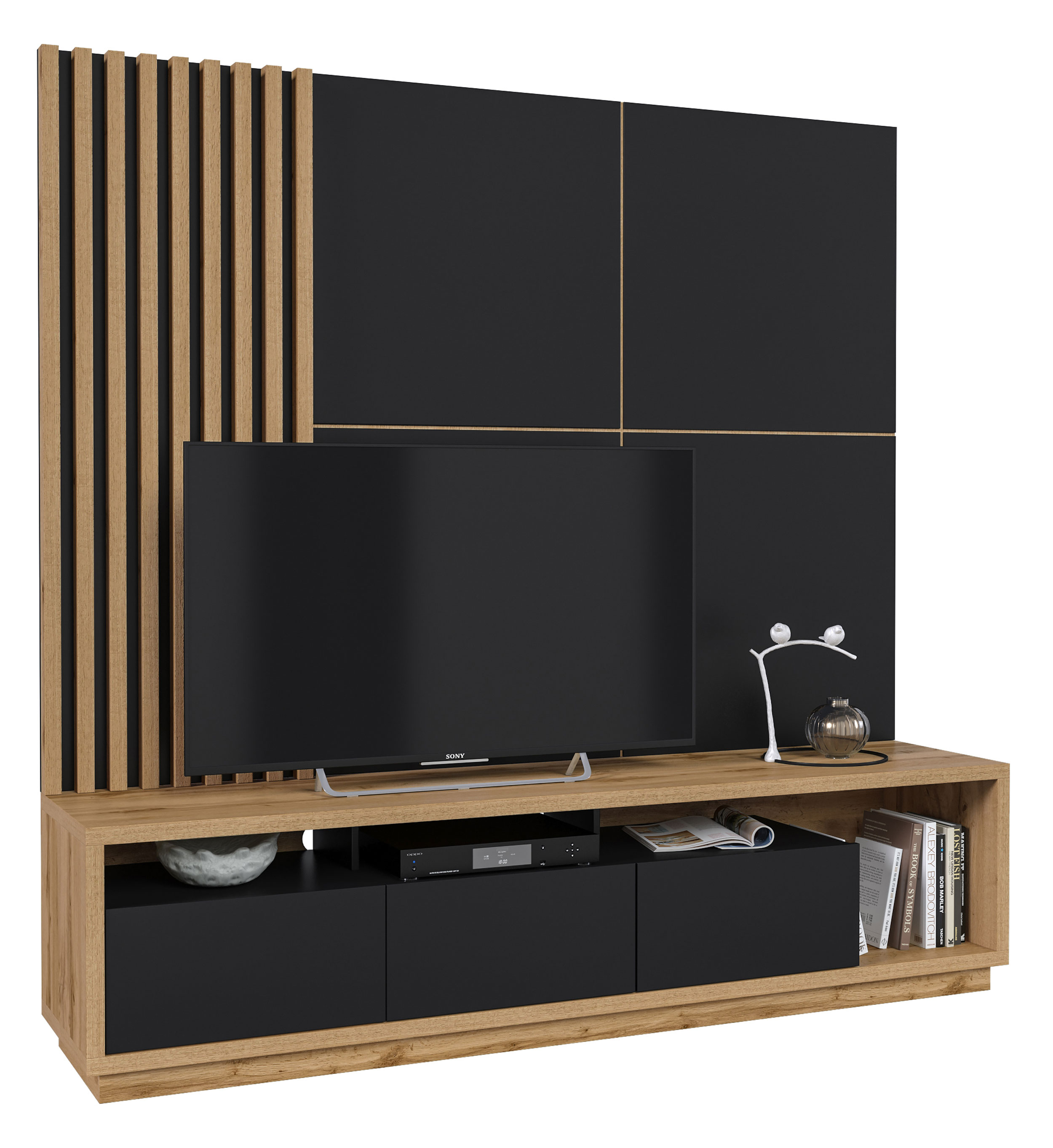 Szafka RTV Timellin 200 cm dąb wotan/czarna z wąskim panelem ściennym lamelowym