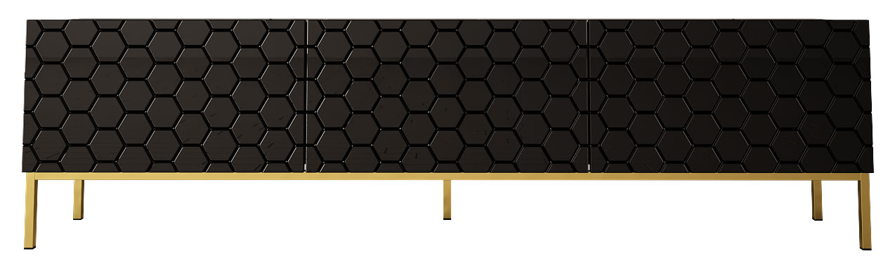 Szafka RTV Selhan 190 cm czarny mat / czarny połysk ze złotymi nogami heksagon - zdjęcie 1