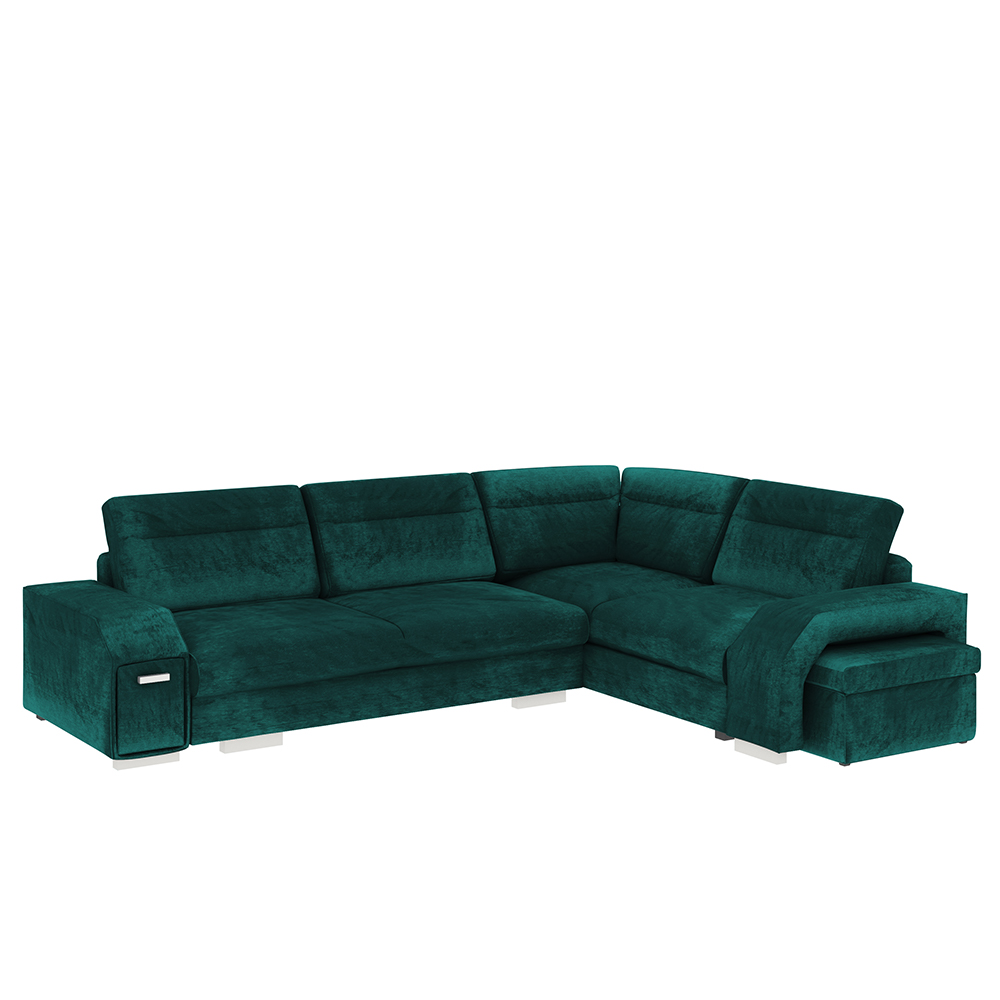 Narożnik z funkcją spania Umill L z barkiem i pufą zielony strona prawa