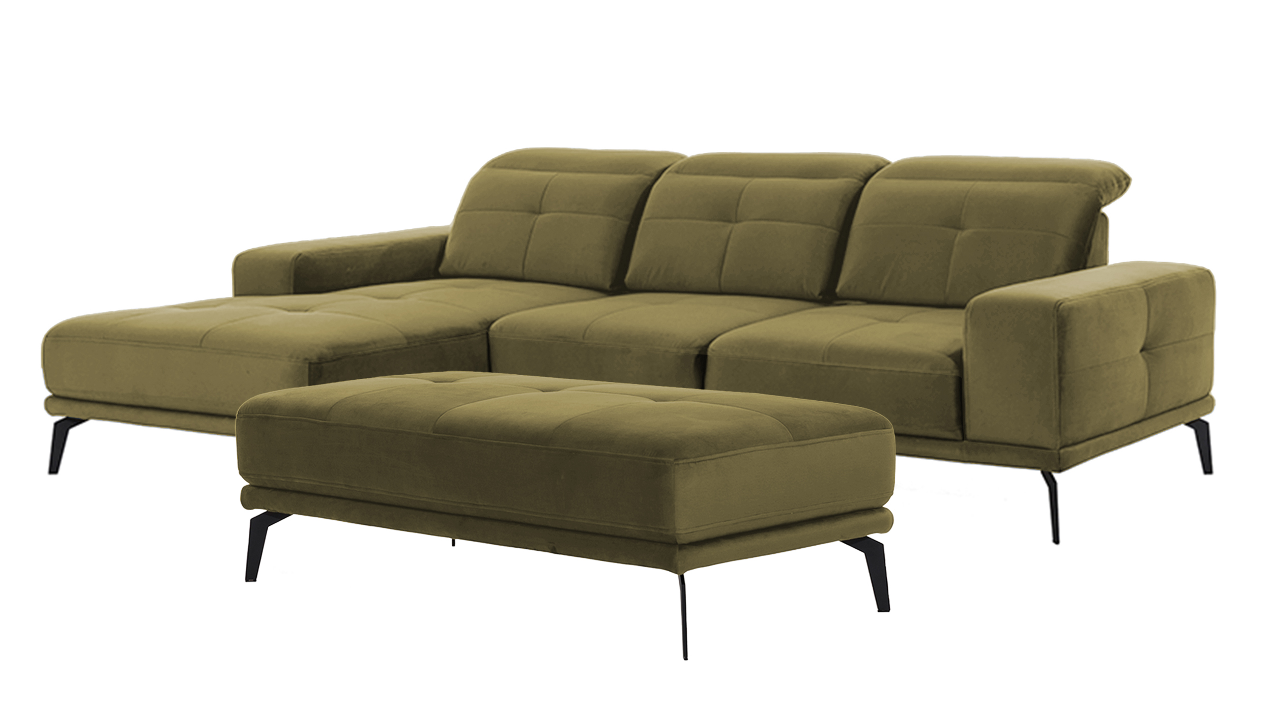 Narożnik z funkcją spania Alisario L-kształtny z pufą oliwkowy welwet hydrofobowy lewostronny - zdjęcie 1