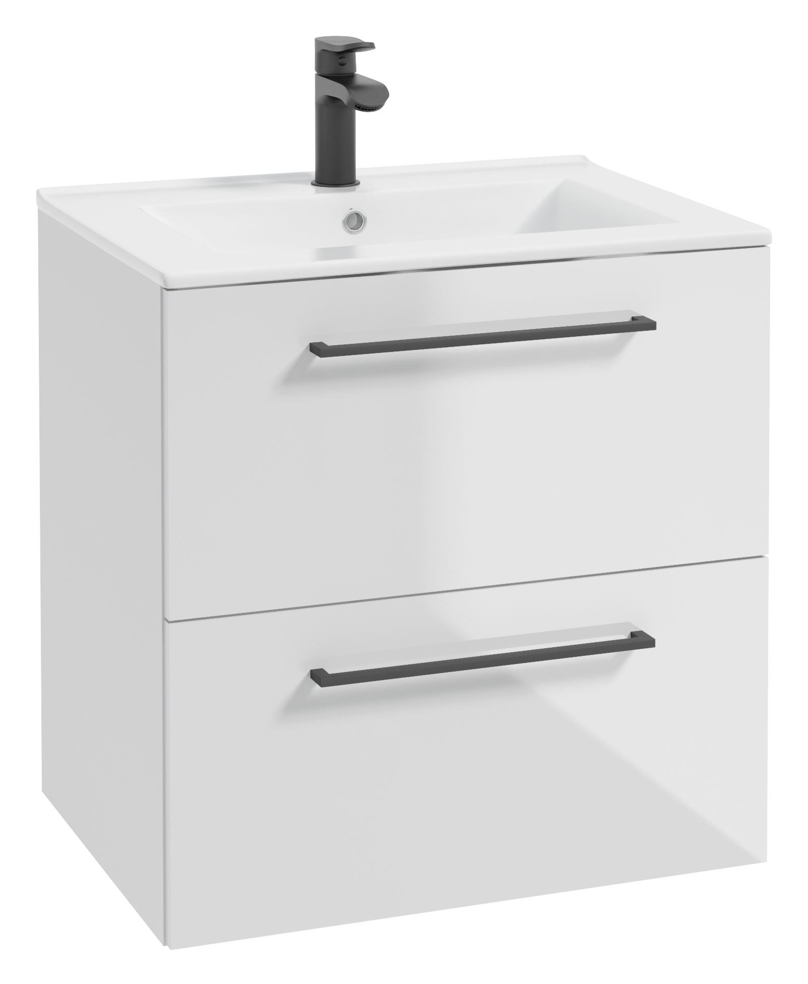 Szafka pod umywalkę Modullac 60 cm biały połysk z dwiema szufladami i czarnym uchwytem - zdjęcie 1