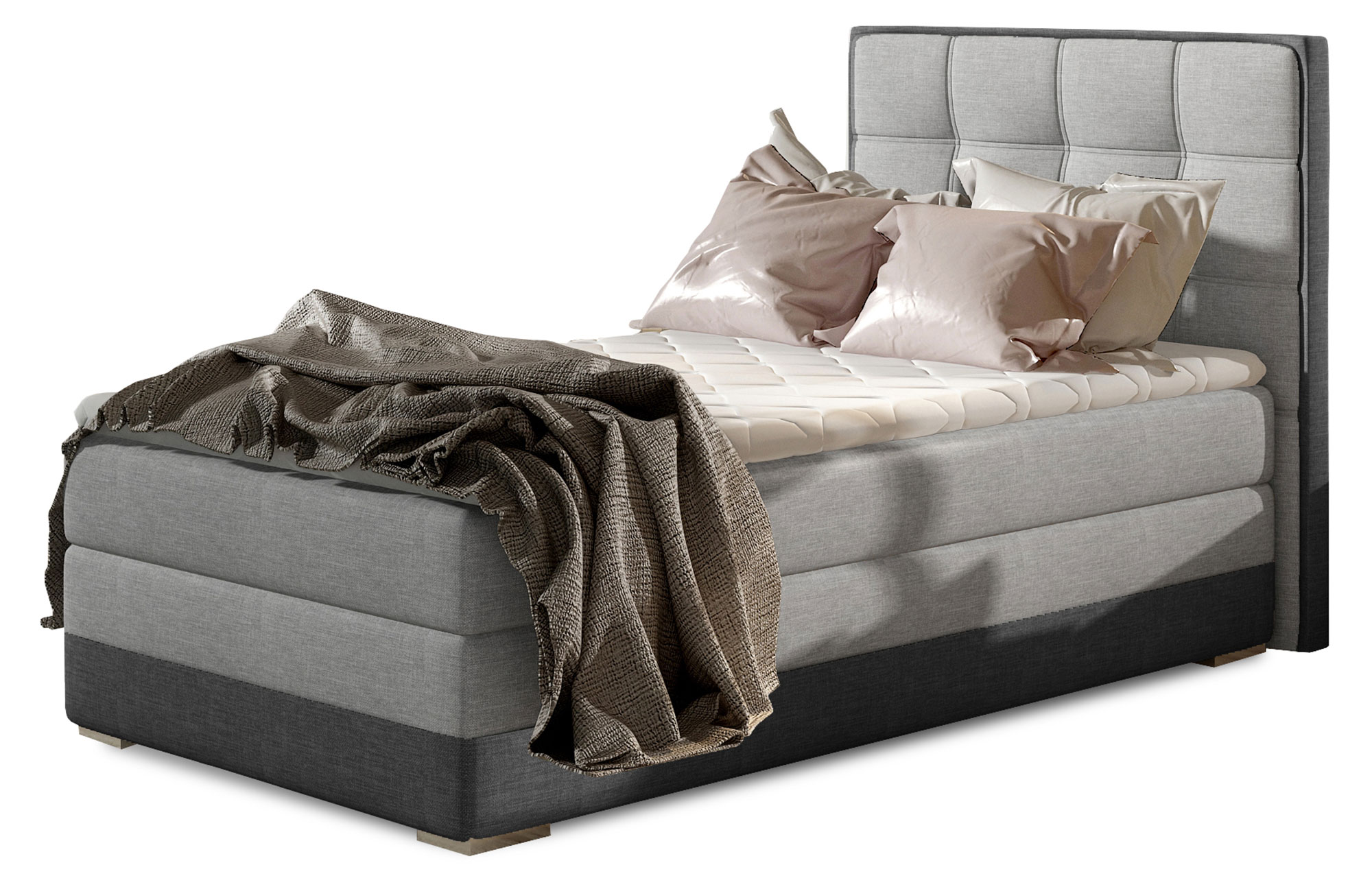 Łóżko kontynentalne Yassan 90x200 cm jednoosobowe z pojemnikiem jasnoszare / szare plecionka prawostronne - zdjęcie 1