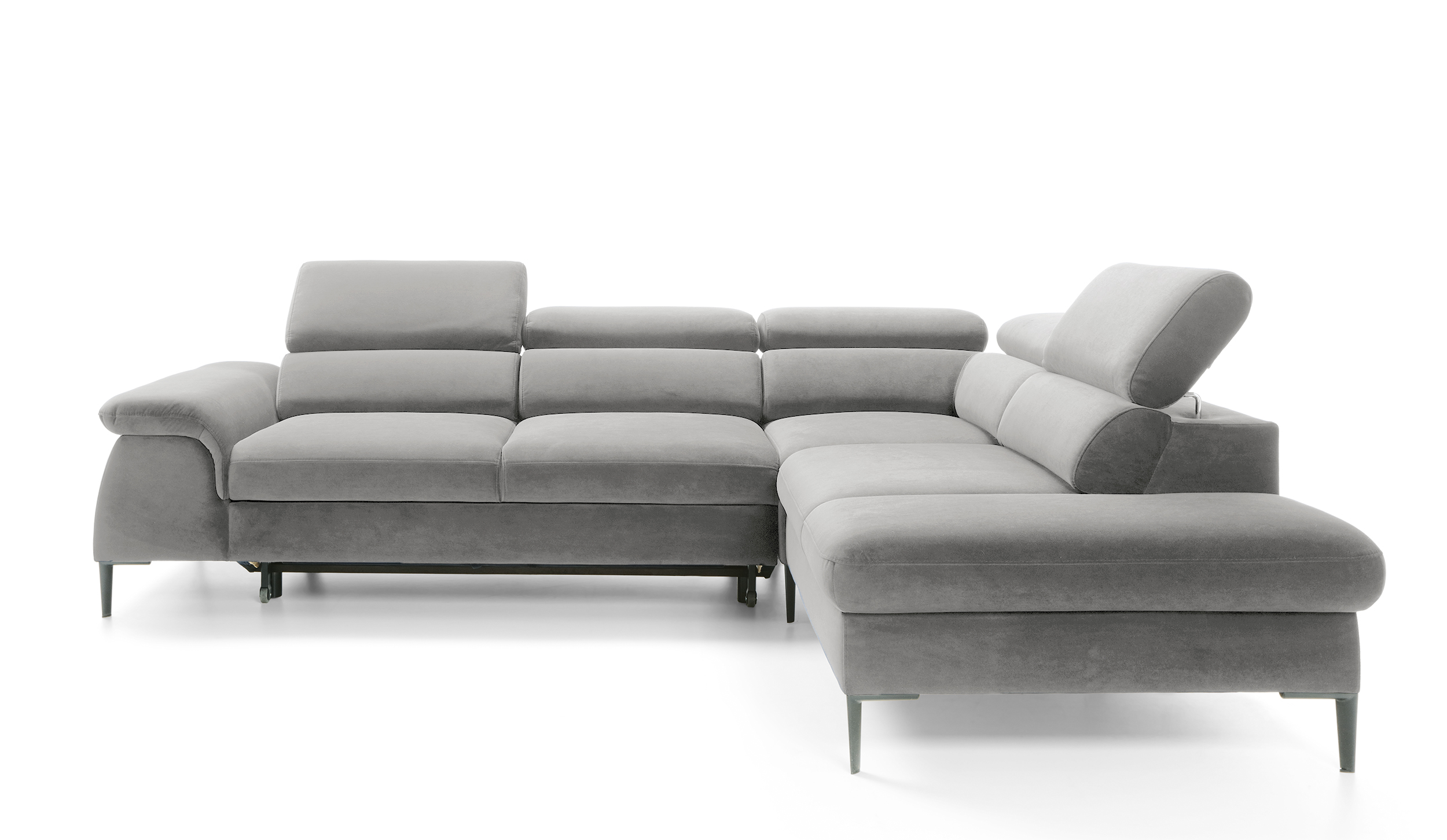 Narożnik z funkcją spania Naverro L-kształtny z pojemnikiem szary velvet hydrofobowy prawostronny