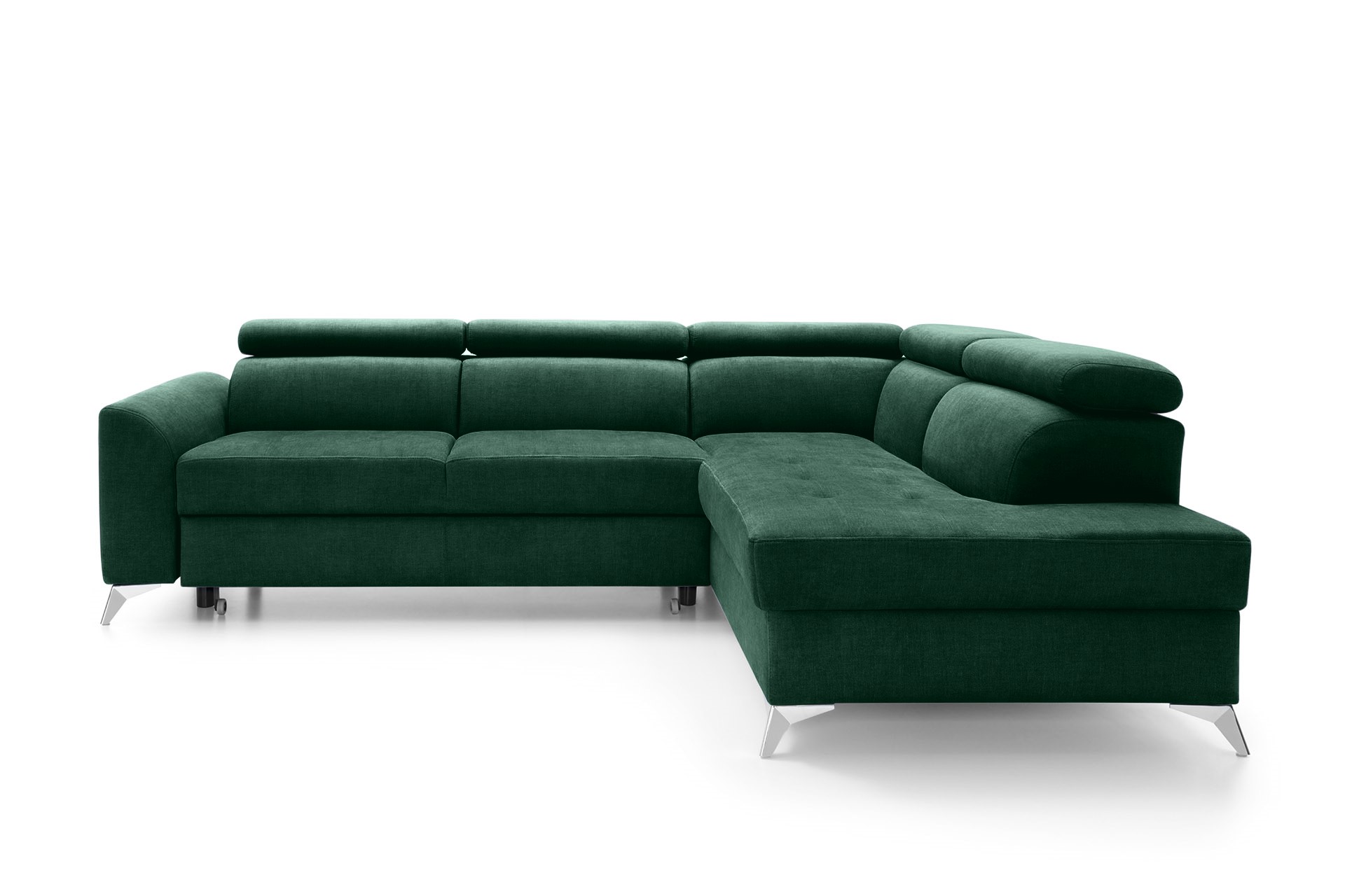 Narożnik z funkcją spania Beress L-kształtny z regulowanymi zagłówkami i pojemnikiem zielony welwet łatwoczyszczący prawostronny