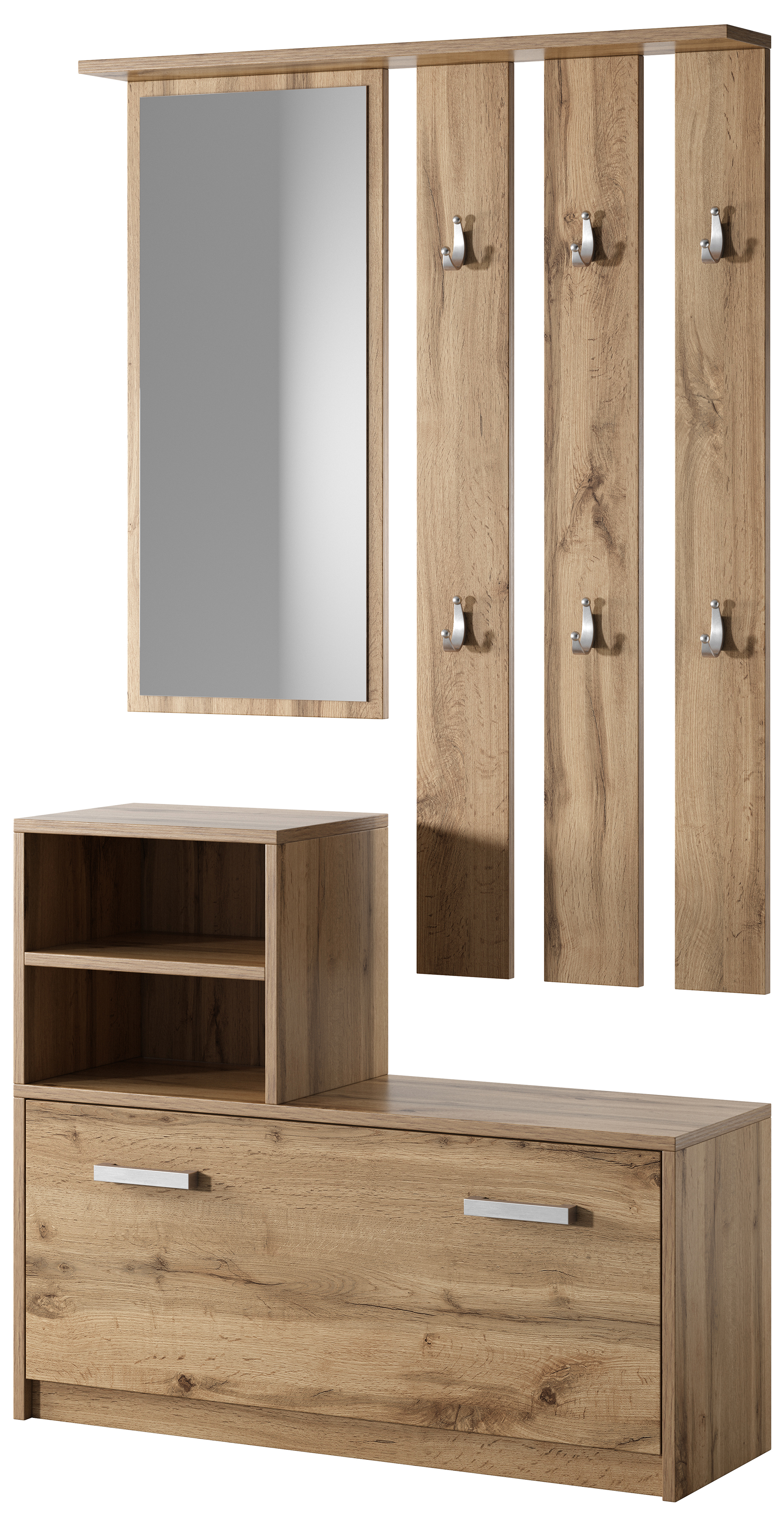 Zestaw do przedpokoju Yesfir z lustrem, wieszakami, półkami oraz szafką na buty Dąb wotan - zdjęcie 1