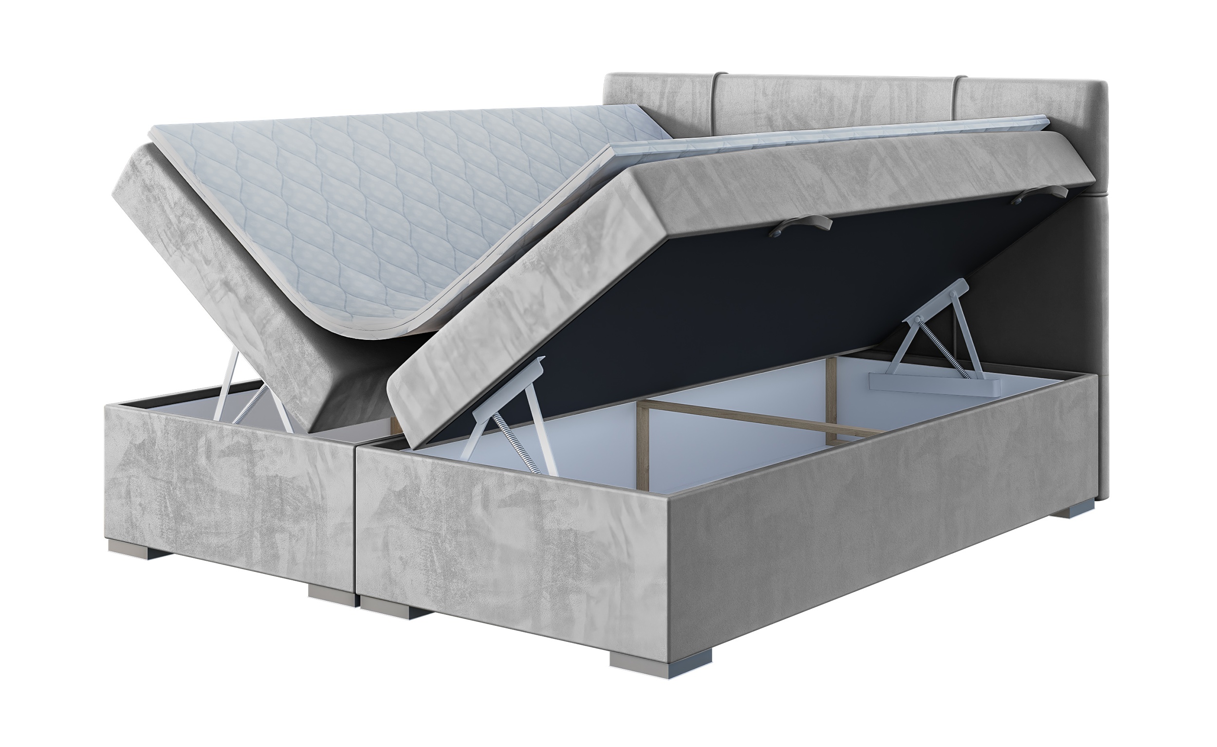 Łóżko kontynentalne 160x200 cm Agnone z pojemnikami i topperem jasnoszare welur hydrofobowy - zdjęcie 1