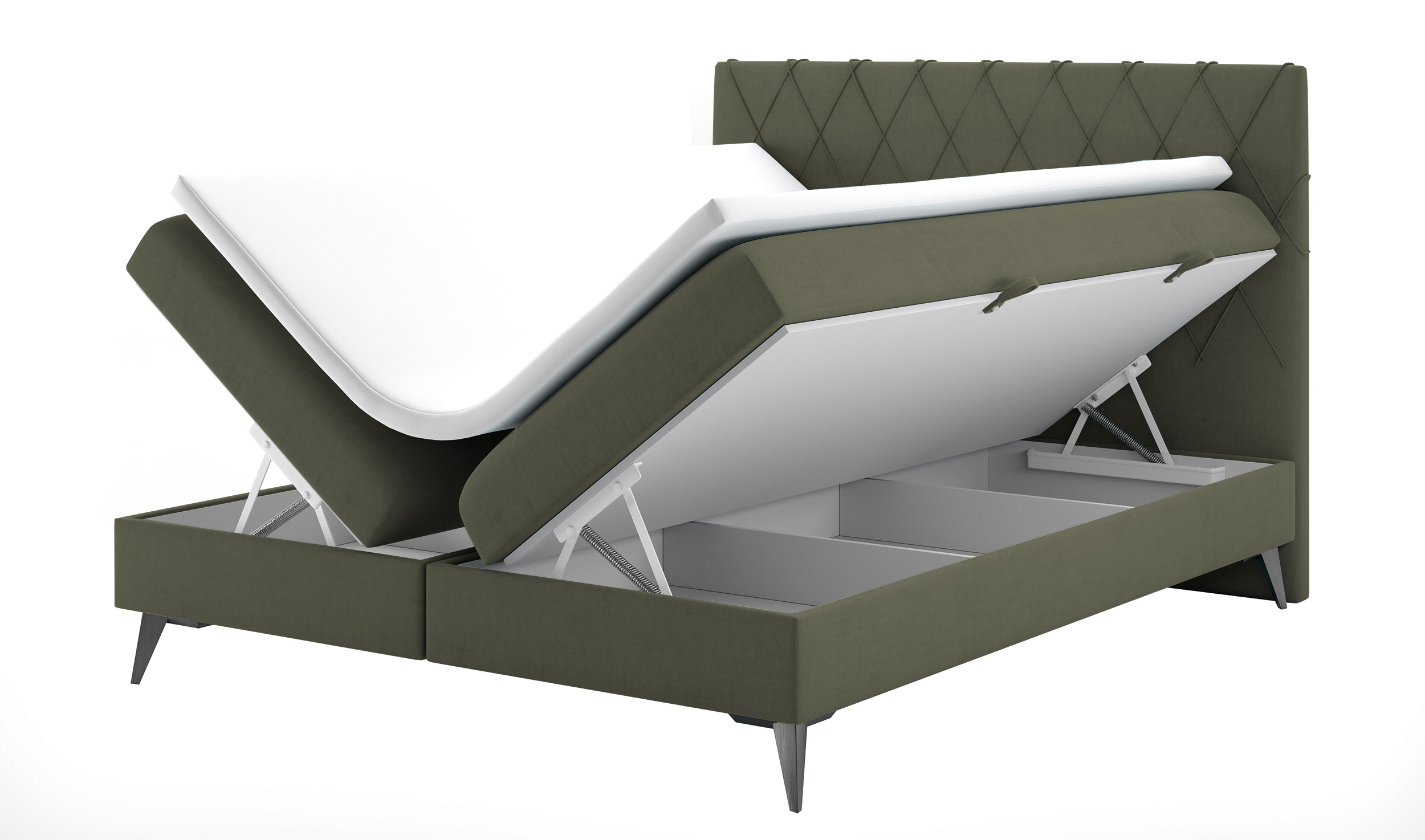 Łóżko kontynentalne 140x200 cm Welagano z pojemnikami i topperem oliwkowe welur hydrofobowy - zdjęcie 1