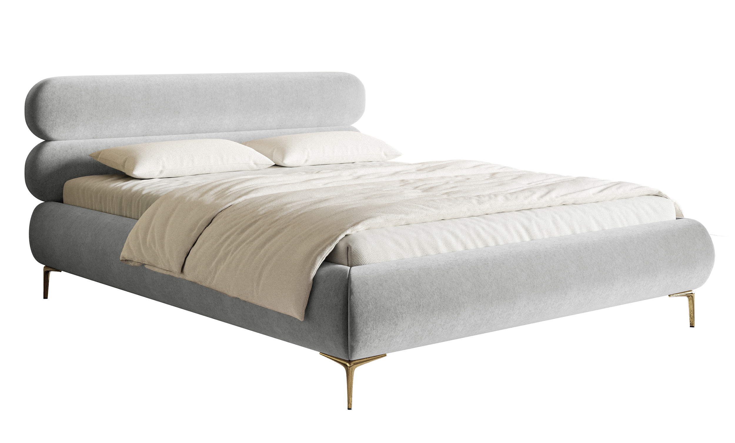 Łóżko tapicerowane 160x200 cm Roule jasnoszare welur hydrofobowy nóżki złote - zdjęcie 1