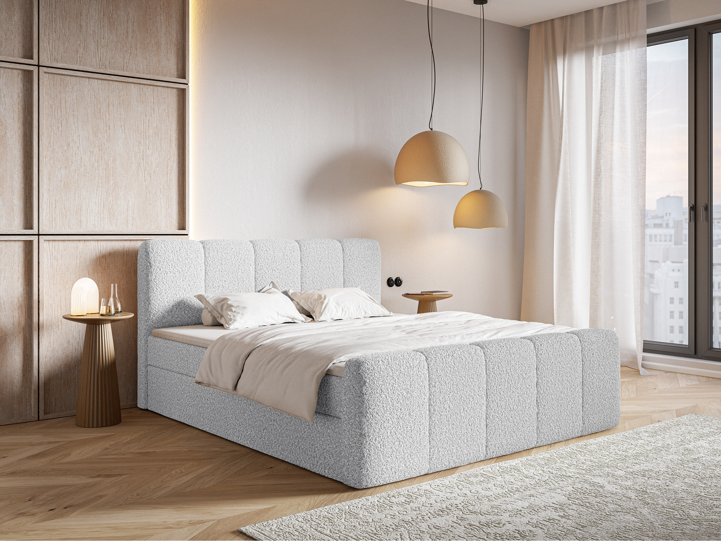 Łóżko kontynentalne 200x200 cm Cloudy II z pojemnikami i topperem jasnoszare boucle 