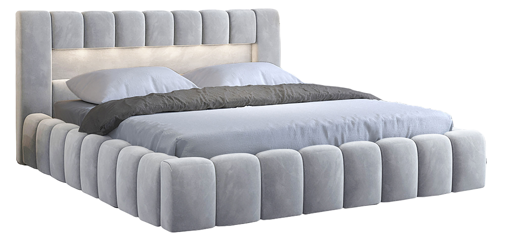 Łóżko tapicerowane 160x200 cm Rodeiro z pojemnikami i oświetleniem jasnoszare welwet hydrofobowy - zdjęcie 1