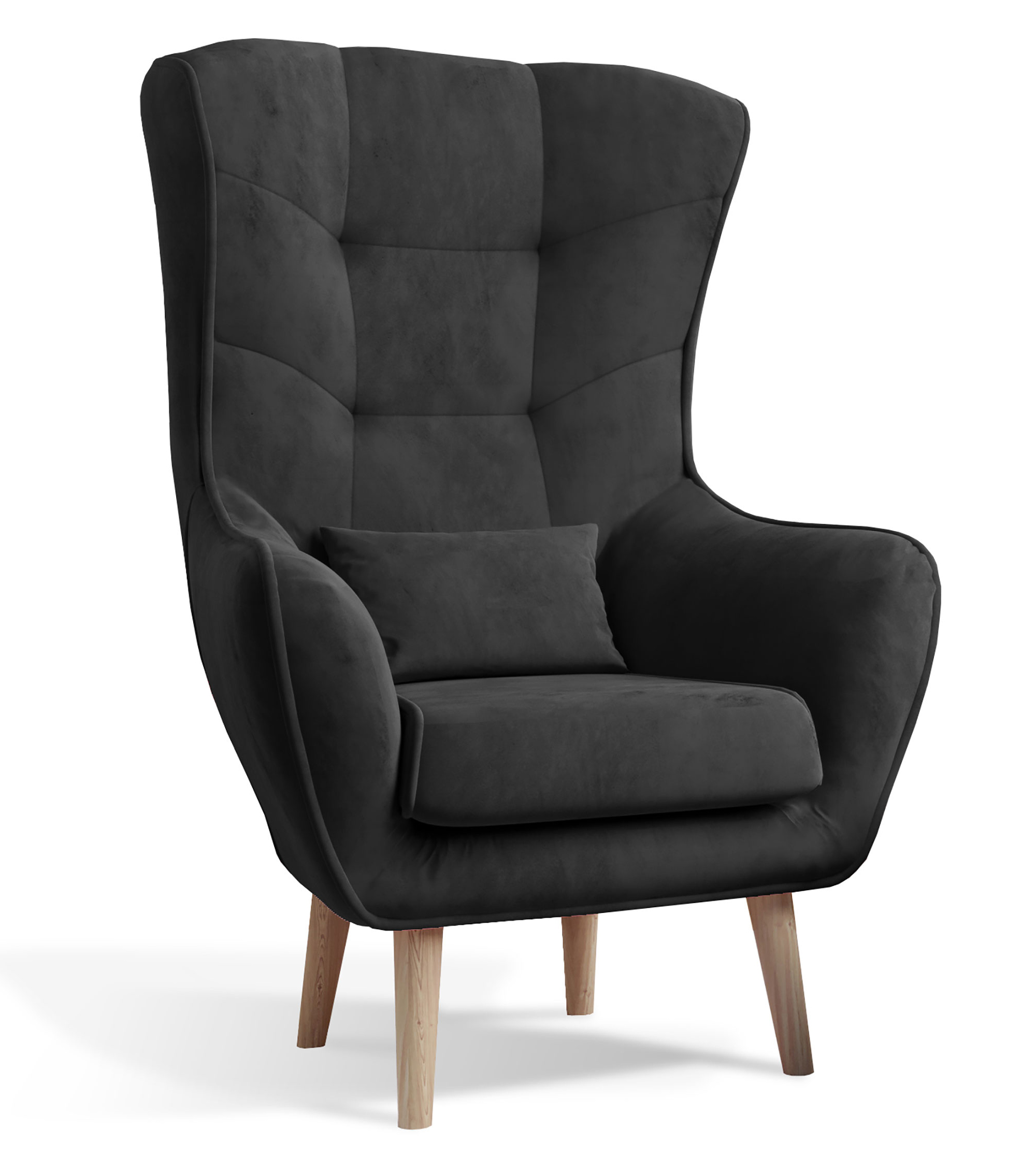 Fotel uszak Tices pikowany na drewnianych nogach czarny welwet hydrofobowy