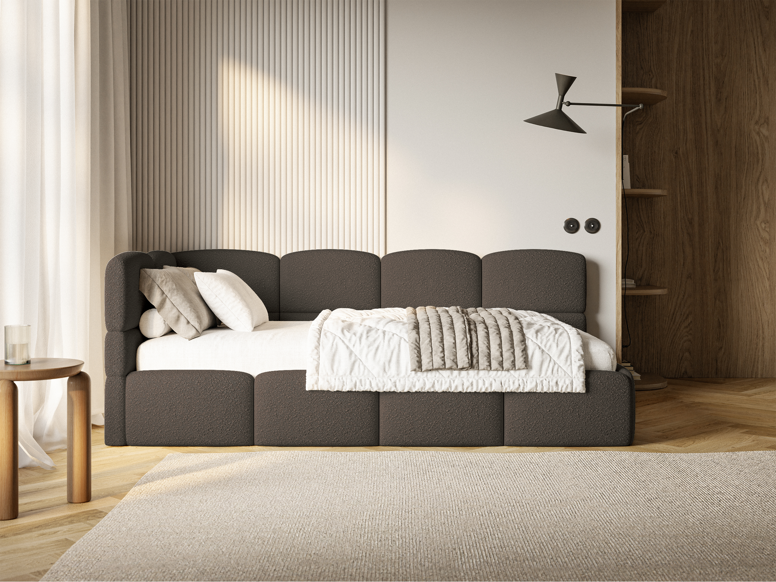Łóżko młodzieżowe 90x200 cm Cloudy lewostronne z pojemnikiem brązowe boucle