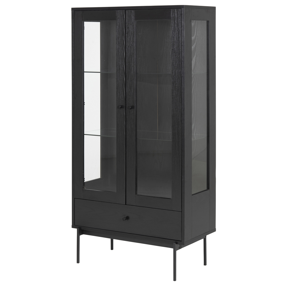 Witryna dwudrzwiowa Santov ze szklanymi półkami i szufladą czarna - zdjęcie 1