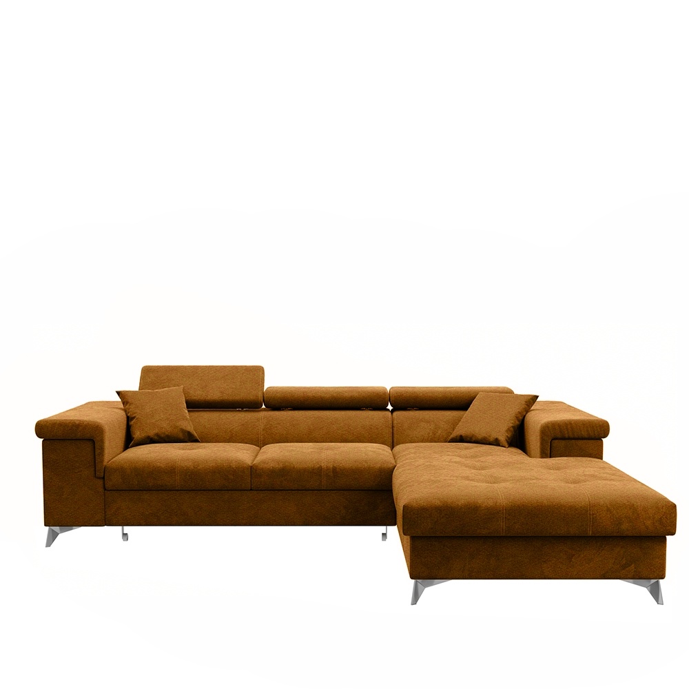 Narożnik z funkcją spania Mikkara L-kształtny z pojemnikiem musztardowy w tkaninie hydrofobowej prawostronny - zdjęcie 1