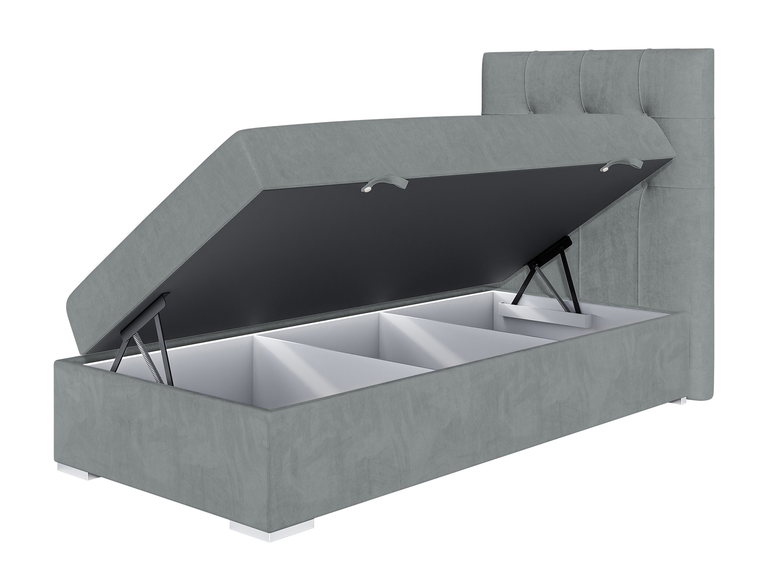 Łóżko kontynentalne 90x200 cm Tondela z pojemnikiem i topperem szare welur hydrofobowy prawostronne