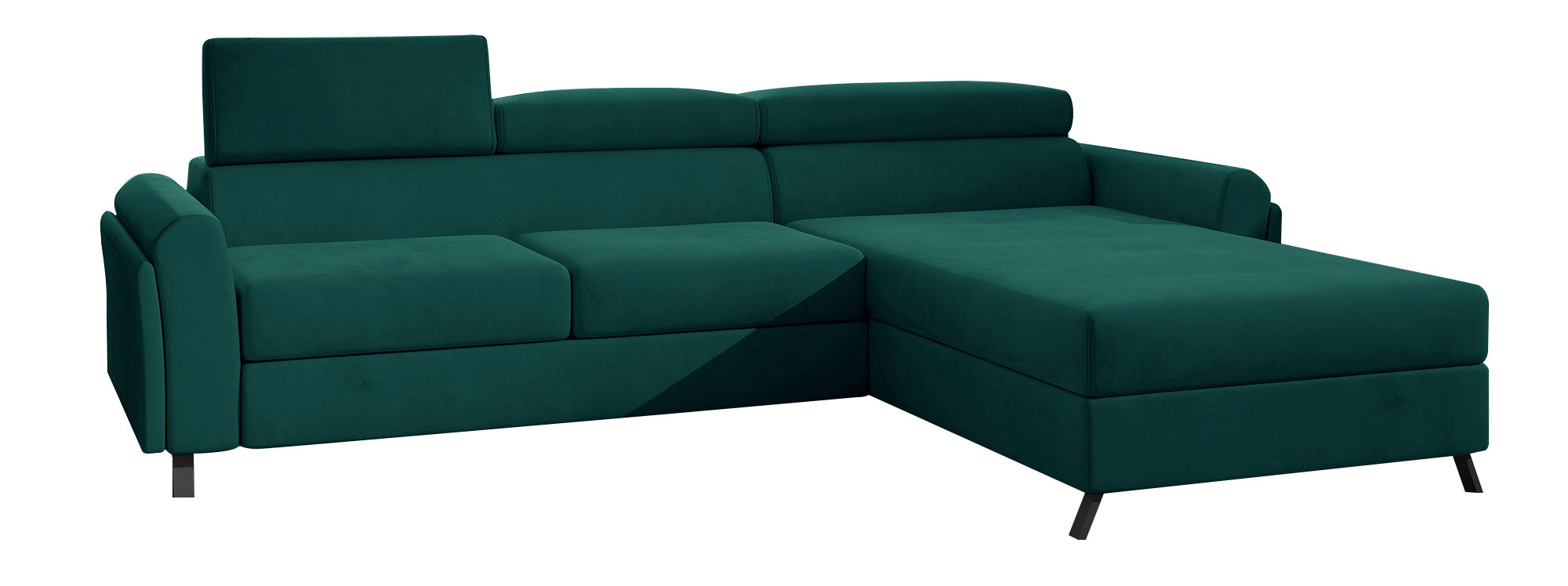 Narożnik z funkcją spania Melegueta L-kształtny z pojemnikiem zielony welwet hydrofobowy prawostronny - zdjęcie 1