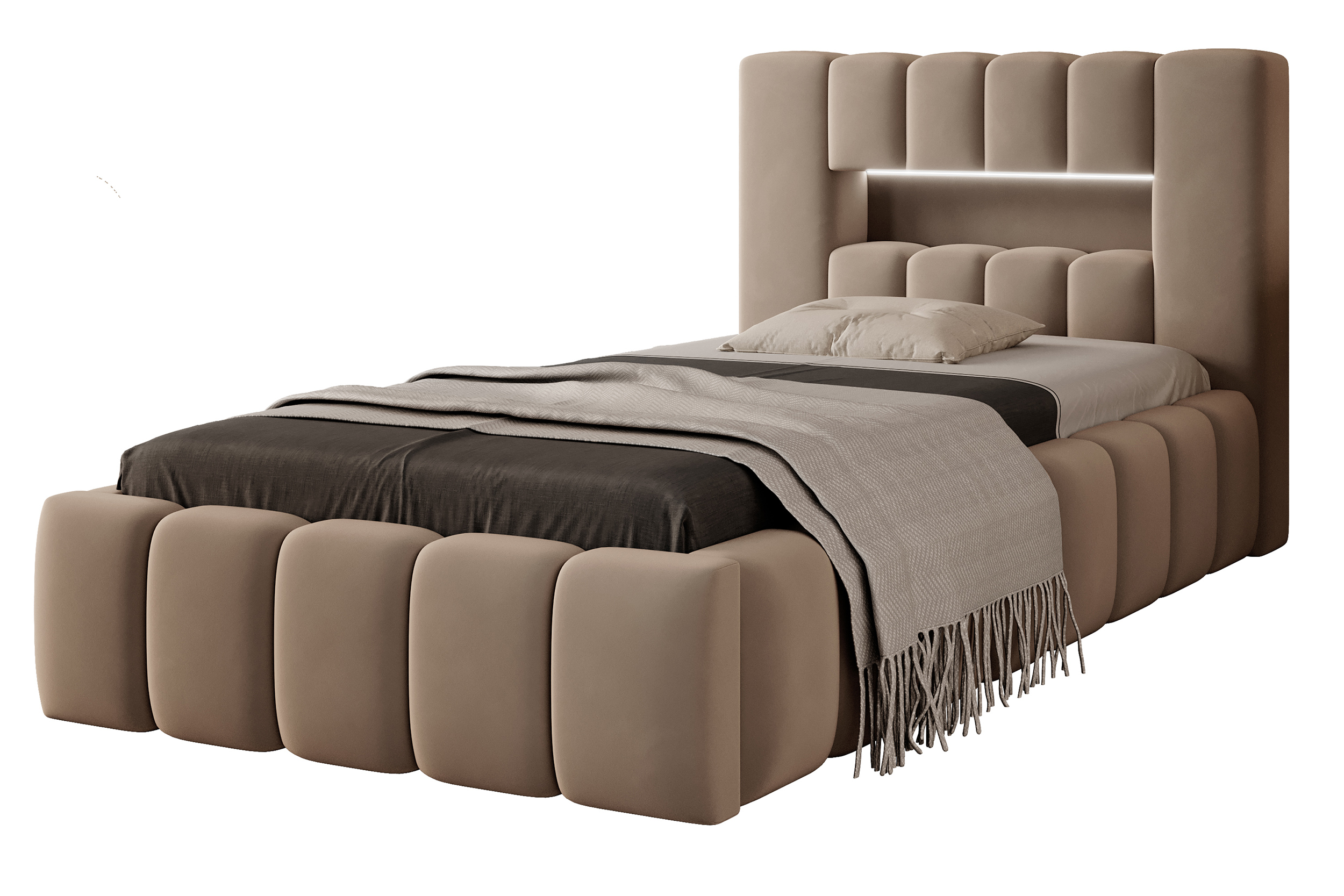 Łóżko tapicerowane 90x200 cm Rodeiro z pojemnikiem i oświetleniem brązowe w tkaninie hydrofobowej - zdjęcie 1