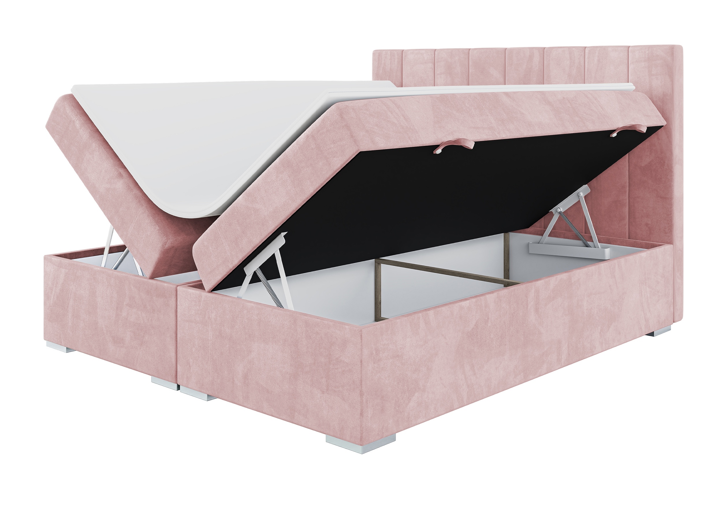 Łóżko kontynentalne 180x200 cm Alenna z pojemnikami i topperem jasnoróżowe welur hydrofobowy - zdjęcie 1