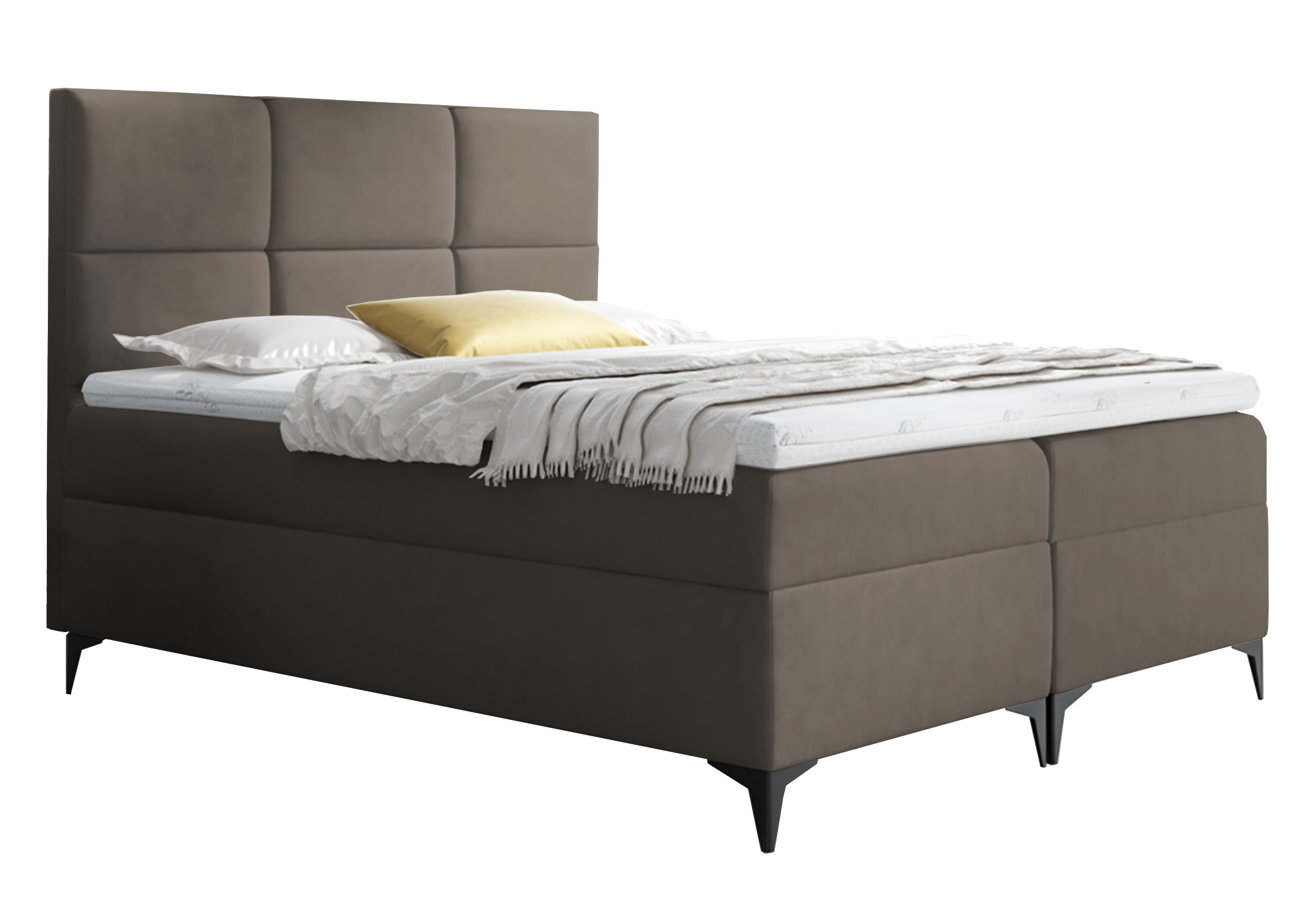 Łóżko kontynentalne Firome 120x200 z dwoma pojemnikami, materacem i topperem ciemnobrązowe hydrofobowe - zdjęcie 1