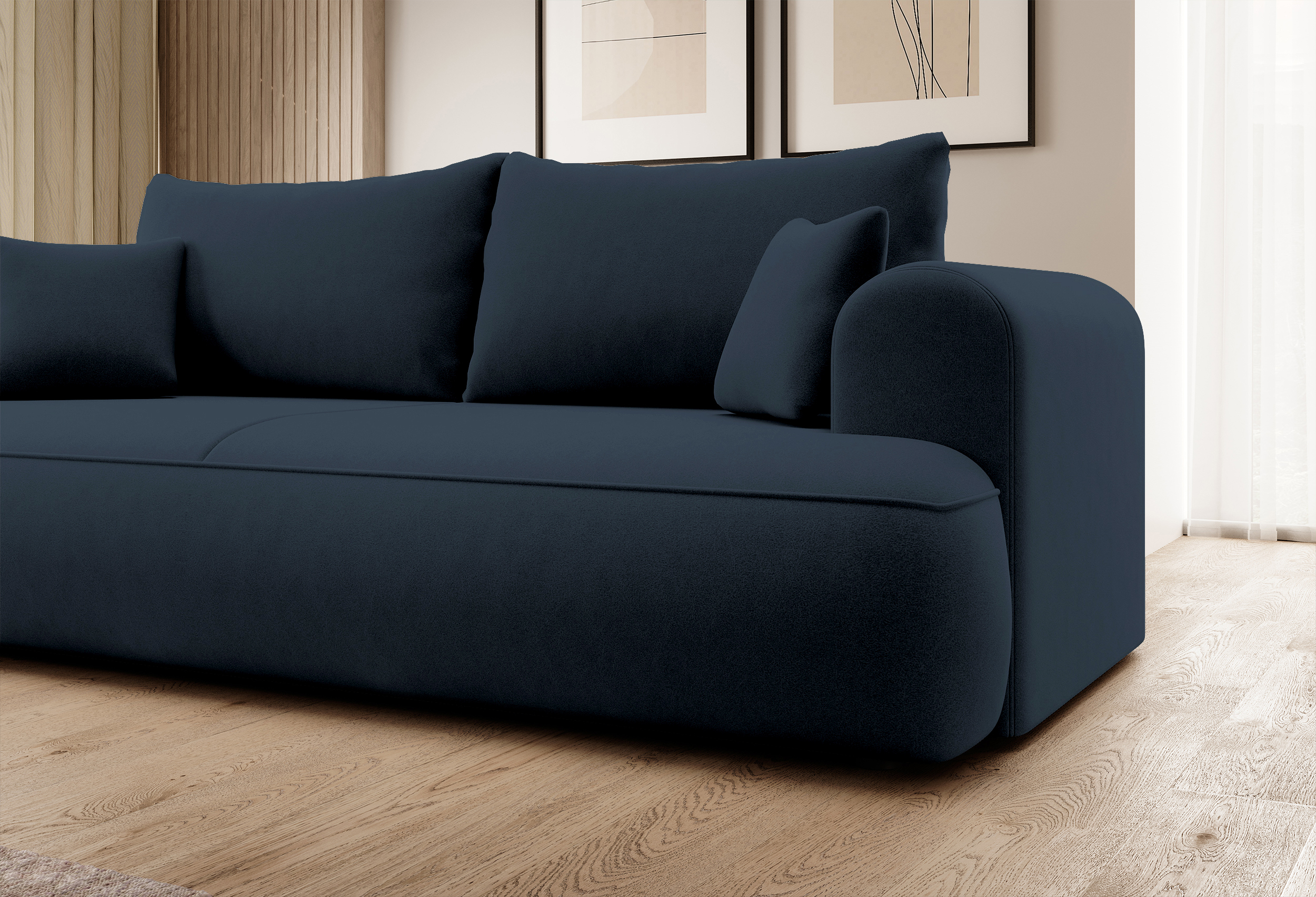 Kanapa rozkładana trzyosobowa Ovo z pojemnikiem granatowa welur w tkaninie łatwoczyszczącej