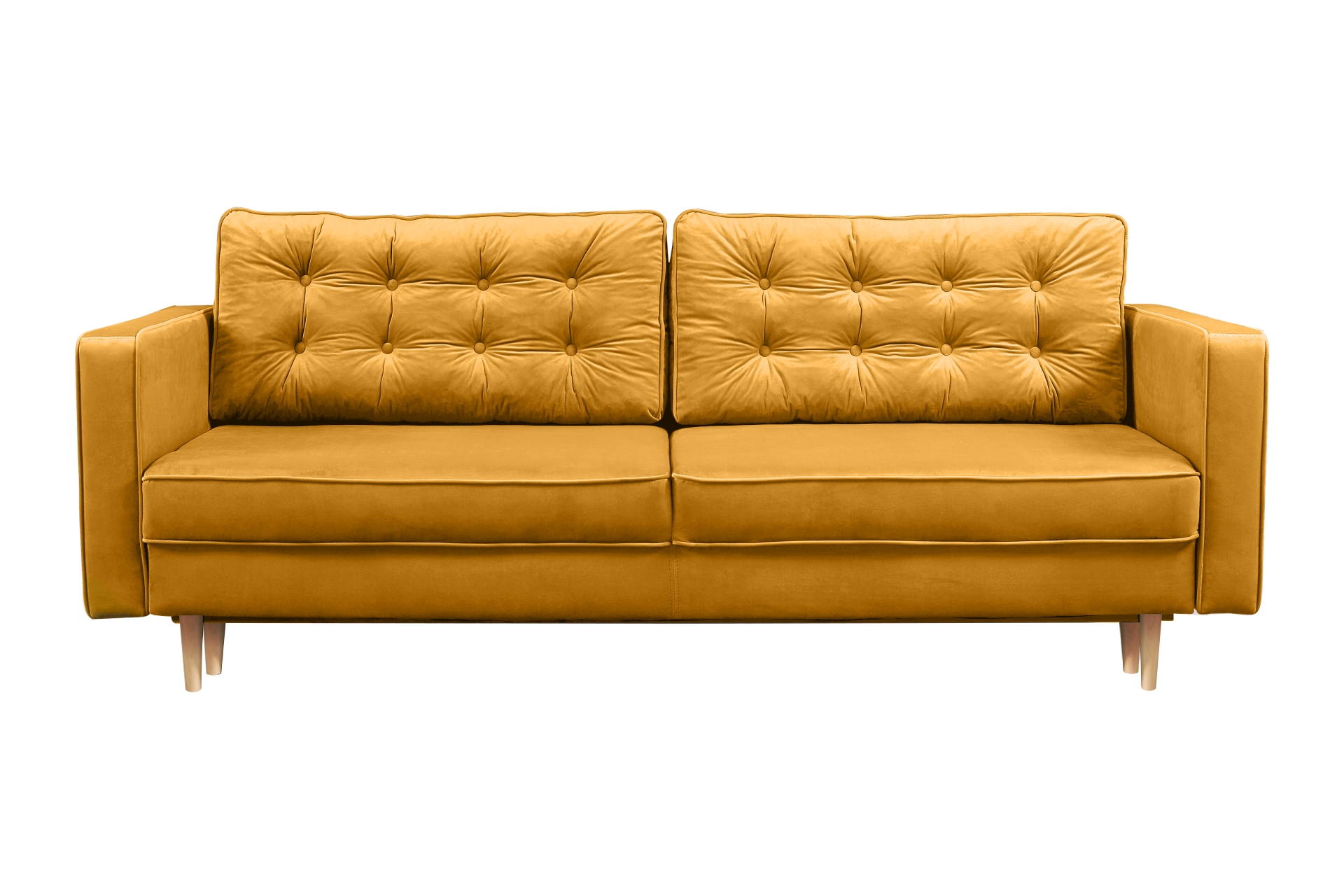 Kanapa rozkładana trzyosobowa Juttic z pojemnikiem musztardowa welwet - zdjęcie 1