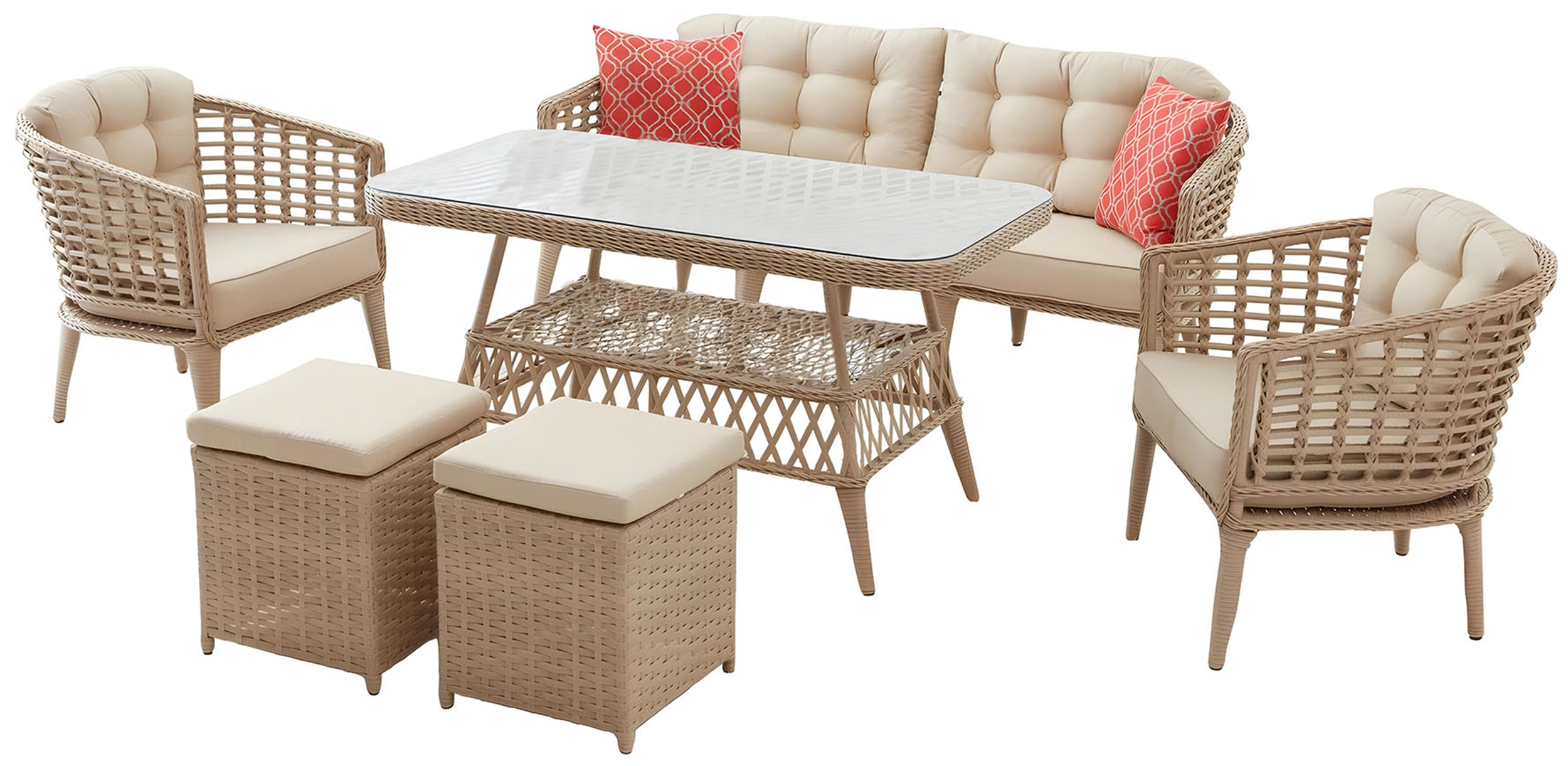 Zestaw ogrodowy Inationes z sofą, dwoma fotelami, pufami i stolikiem technorattan beżowy - zdjęcie 1