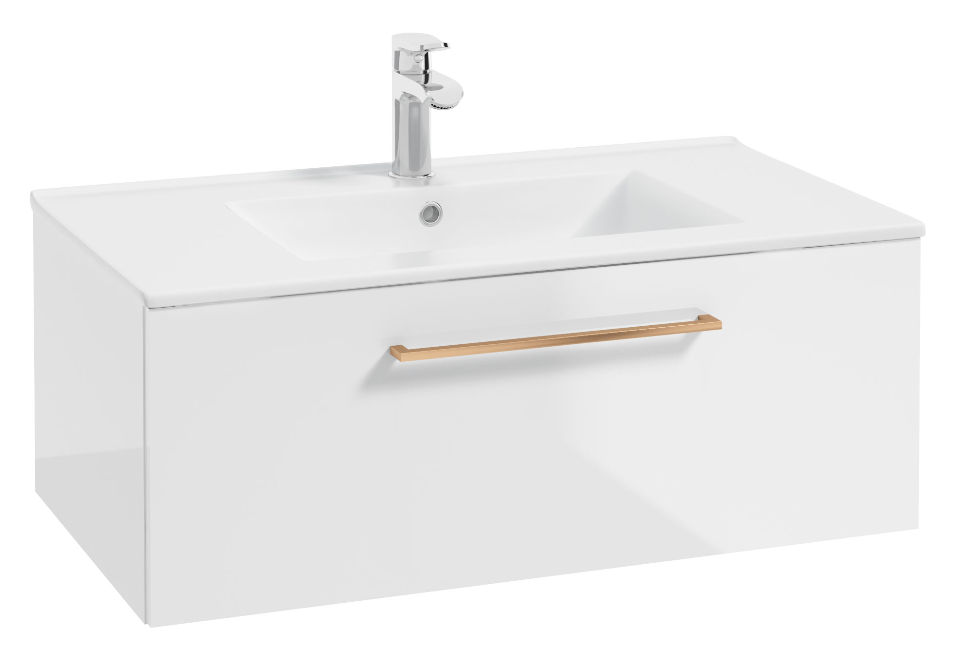 Szafka z umywalką Modullac 80 cm biały połysk z szufladą i złotym uchwytem - zdjęcie 1
