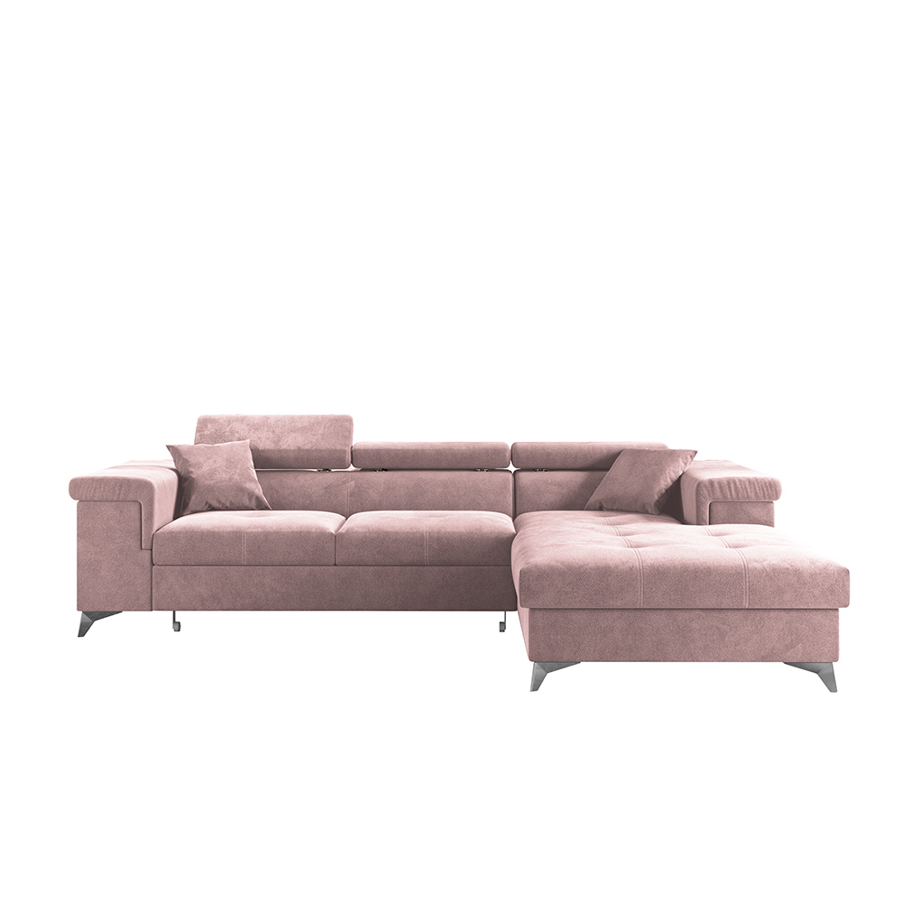 Narożnik z funkcją spania Mikkara L-kształtny z pojemnikiem różowy w tkaninie hydrofobowej prawostronny - zdjęcie 1