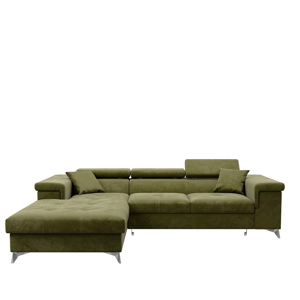 Narożnik z funkcją spania Mikkara L-kształtny z pojemnikiem oliwkowy welur hydrofobowy lewostronny - zdjęcie 1