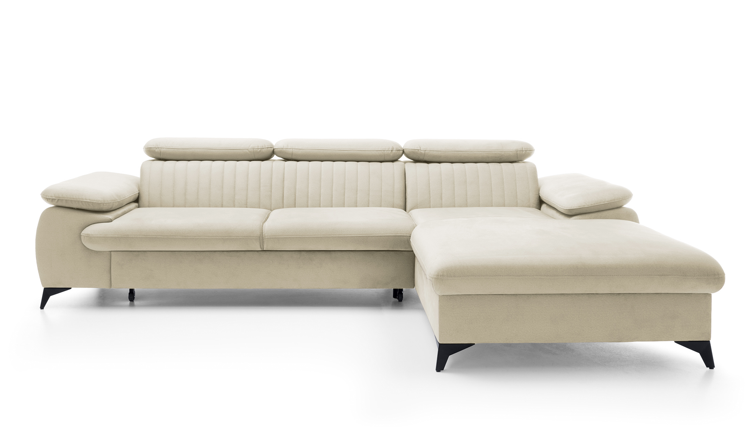 Narożnik z funkcją spania Furie L-kształtny z pojemnikiem kremowy velvet hydrofobowy prawostronny