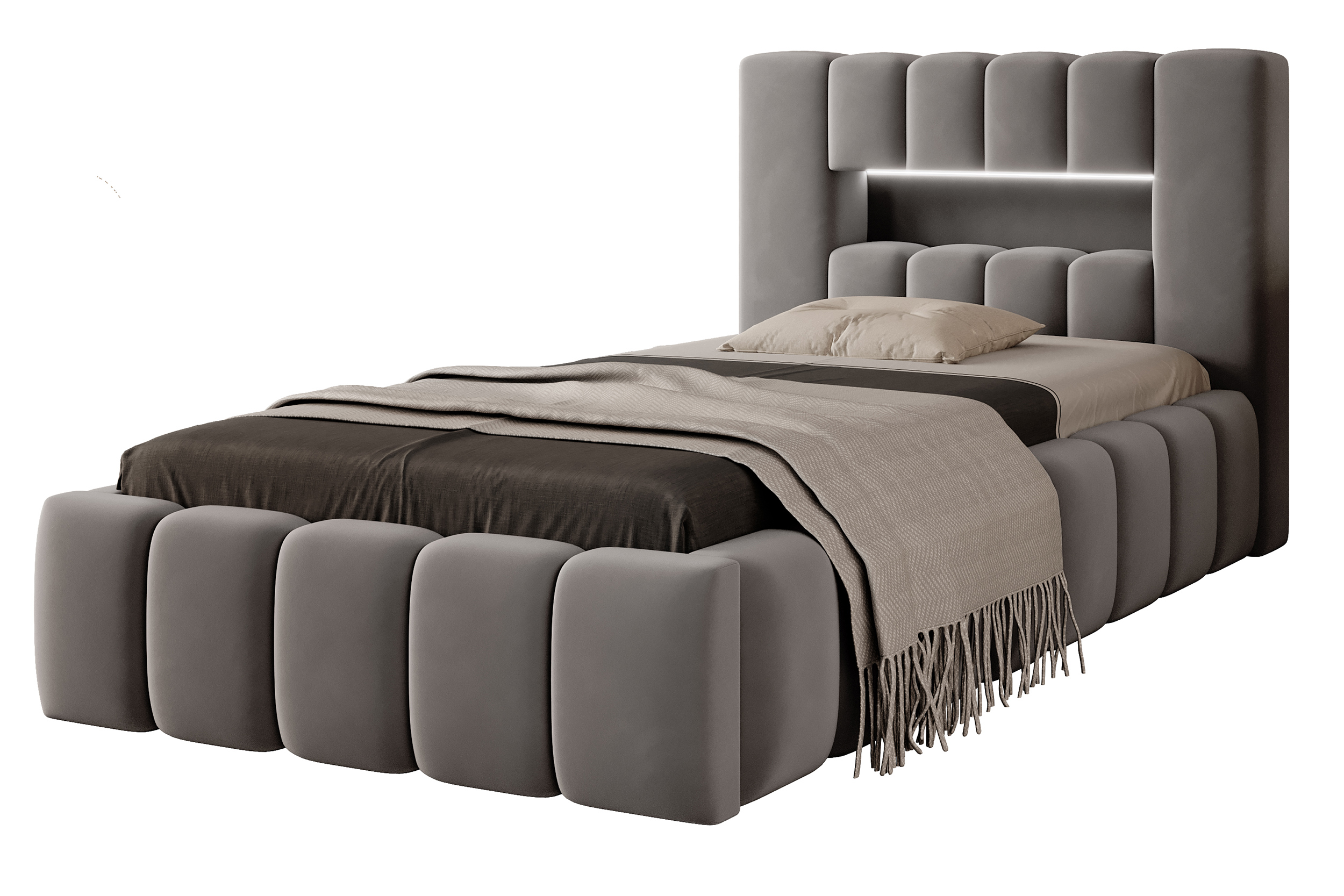 Łóżko tapicerowane 90x200 cm Rodeiro z pojemnikiem i oświetleniem szare w tkaninie hydrofobowej - zdjęcie 1