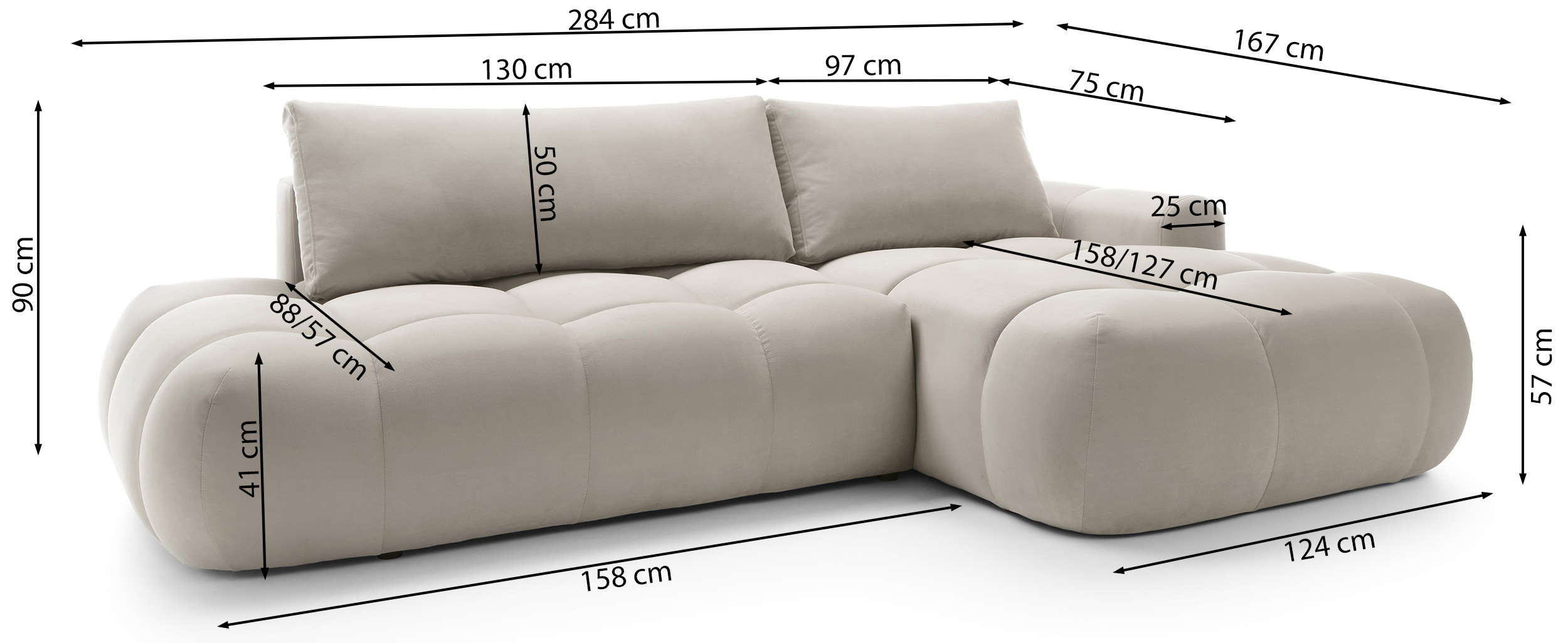 Beżowy narożnik Ombo L-kształtny z funkcją spania i pojemnikiem na pościel, idealny do salonu.