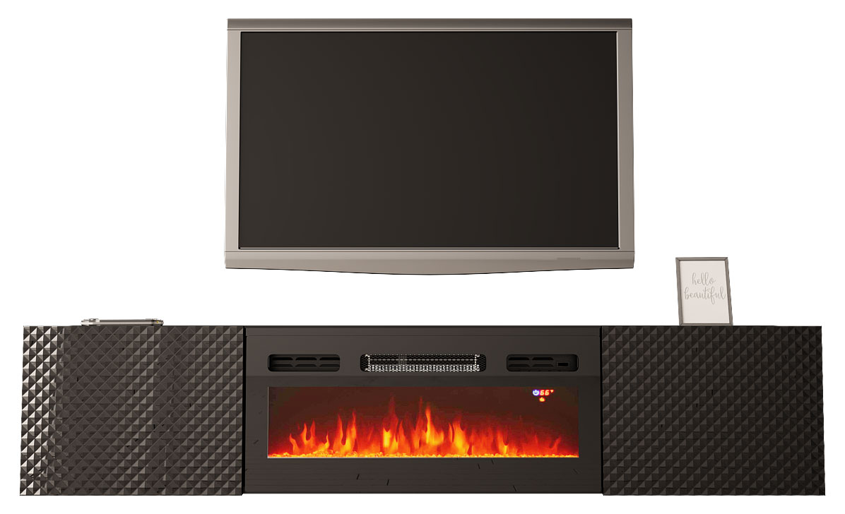 Szafka RTV Merkez 180 cm z kominkiem elektrycznym czarny połysk