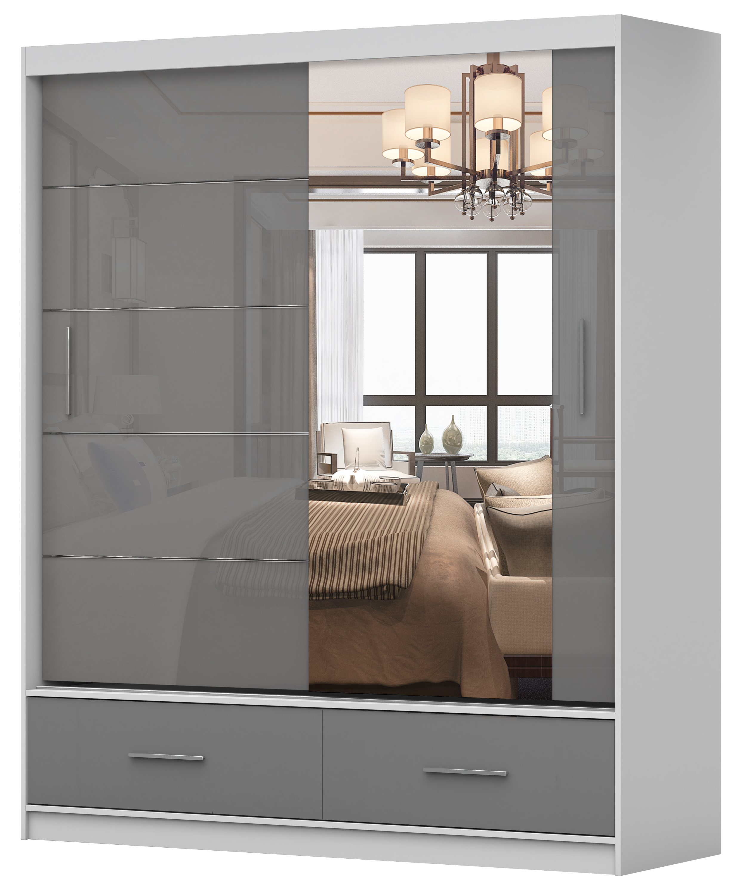 Szafa przesuwna Follrina 150 cm z lustrem biała/szary połysk - zdjęcie 1