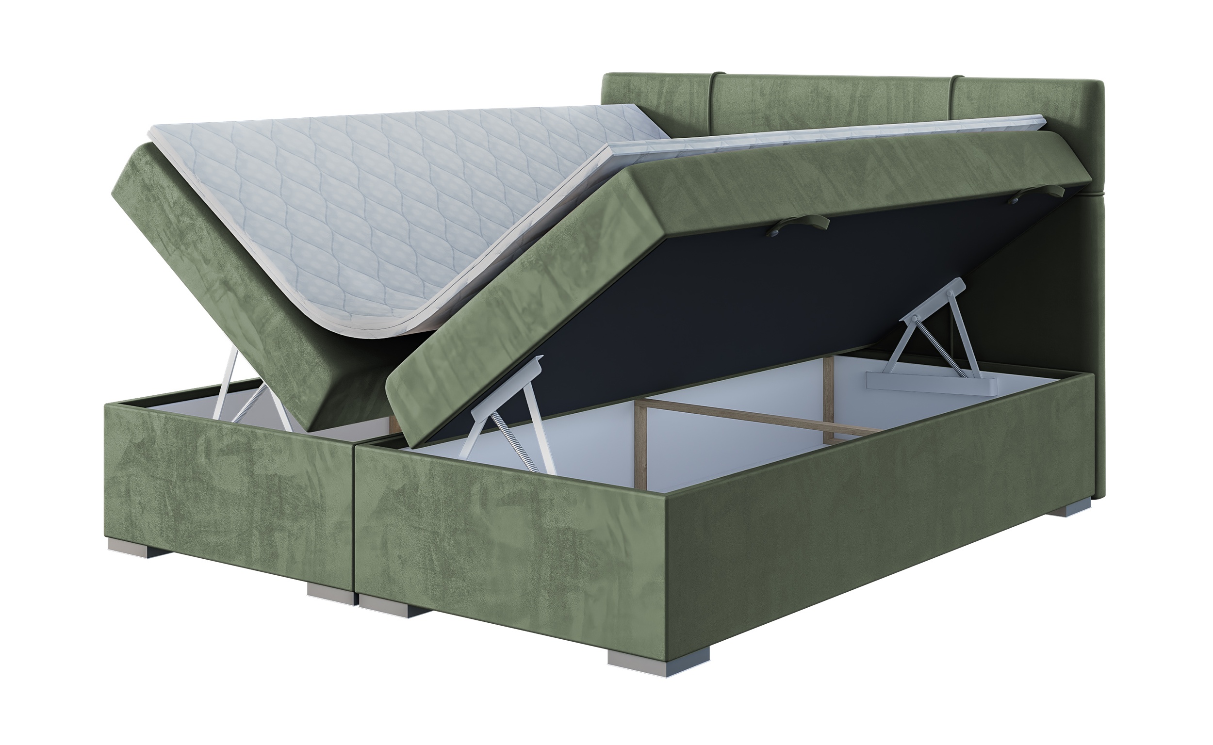Łóżko kontynentalne 180x200 cm Agnone z pojemnikami i topperem oliwkowe welur hydrofobowy