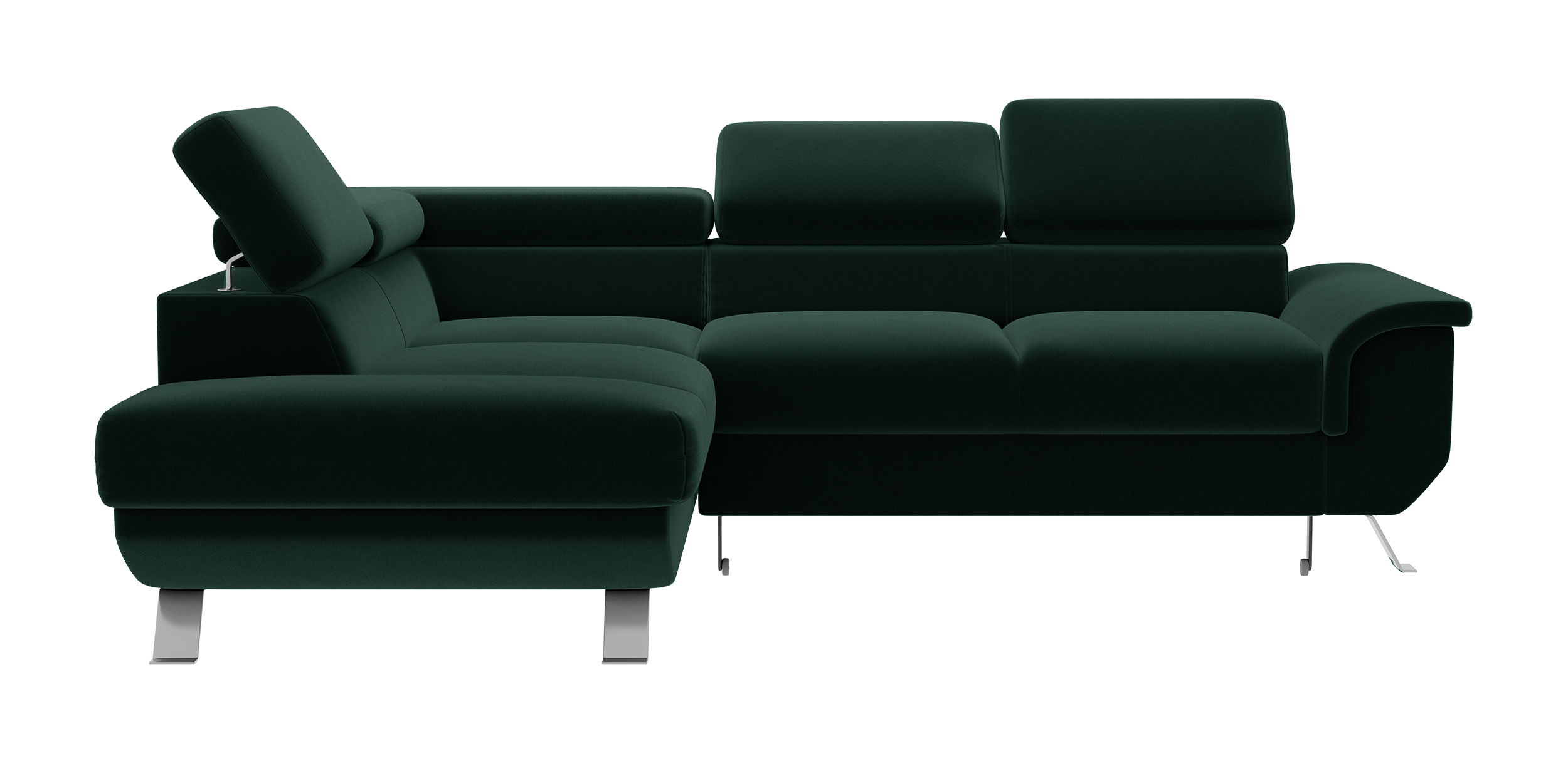 Narożnik z funkcją spania Carenero L-kształtny z pojemnikiem i regulowanymi zagłówkami ciemnozielony welur hydrofobowy lewostronny - zdjęcie 1