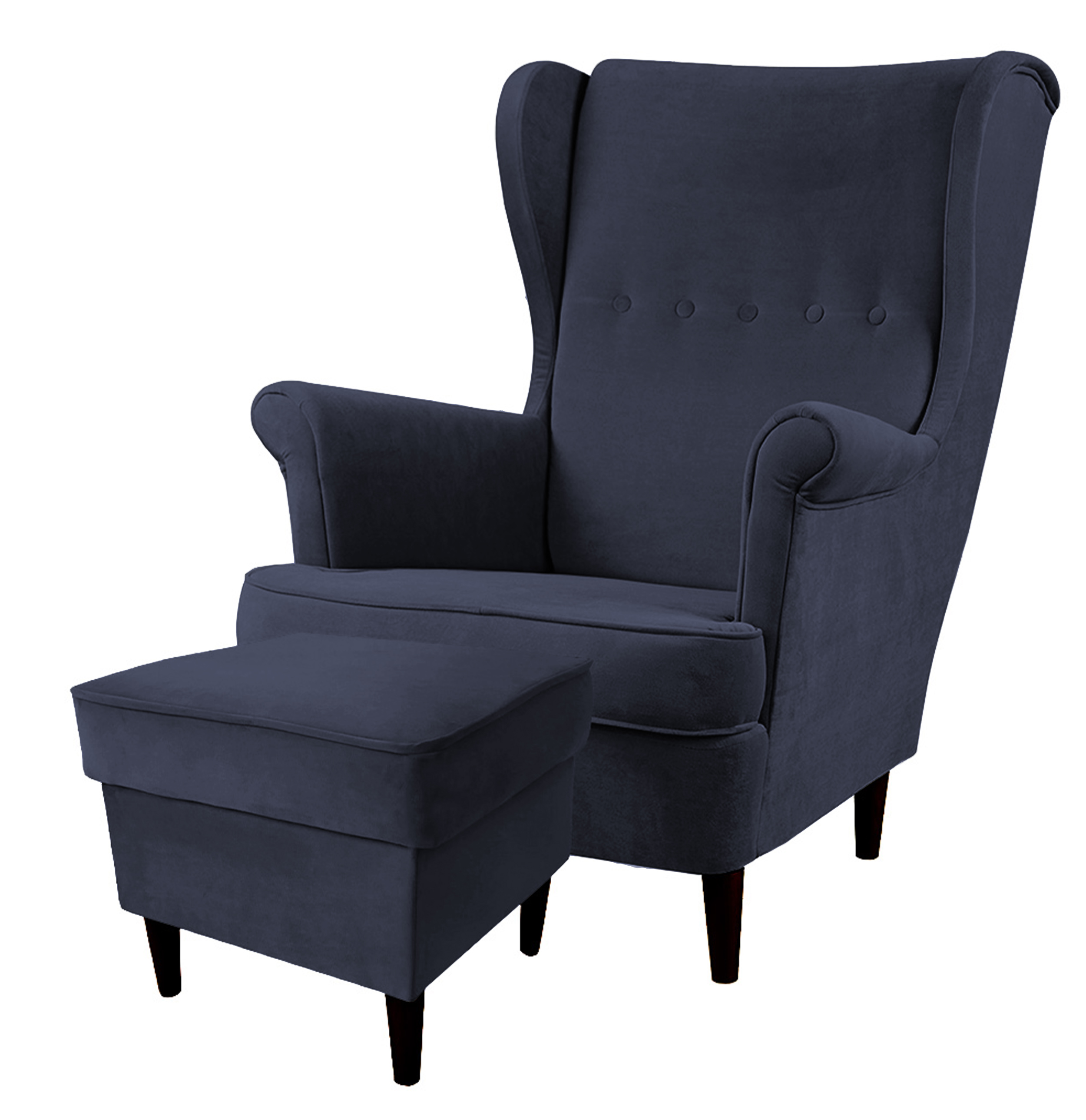 Fotel z podnóżkiem Malmo granatowy w tkaninie Easy Clean na czarnych nóżkach