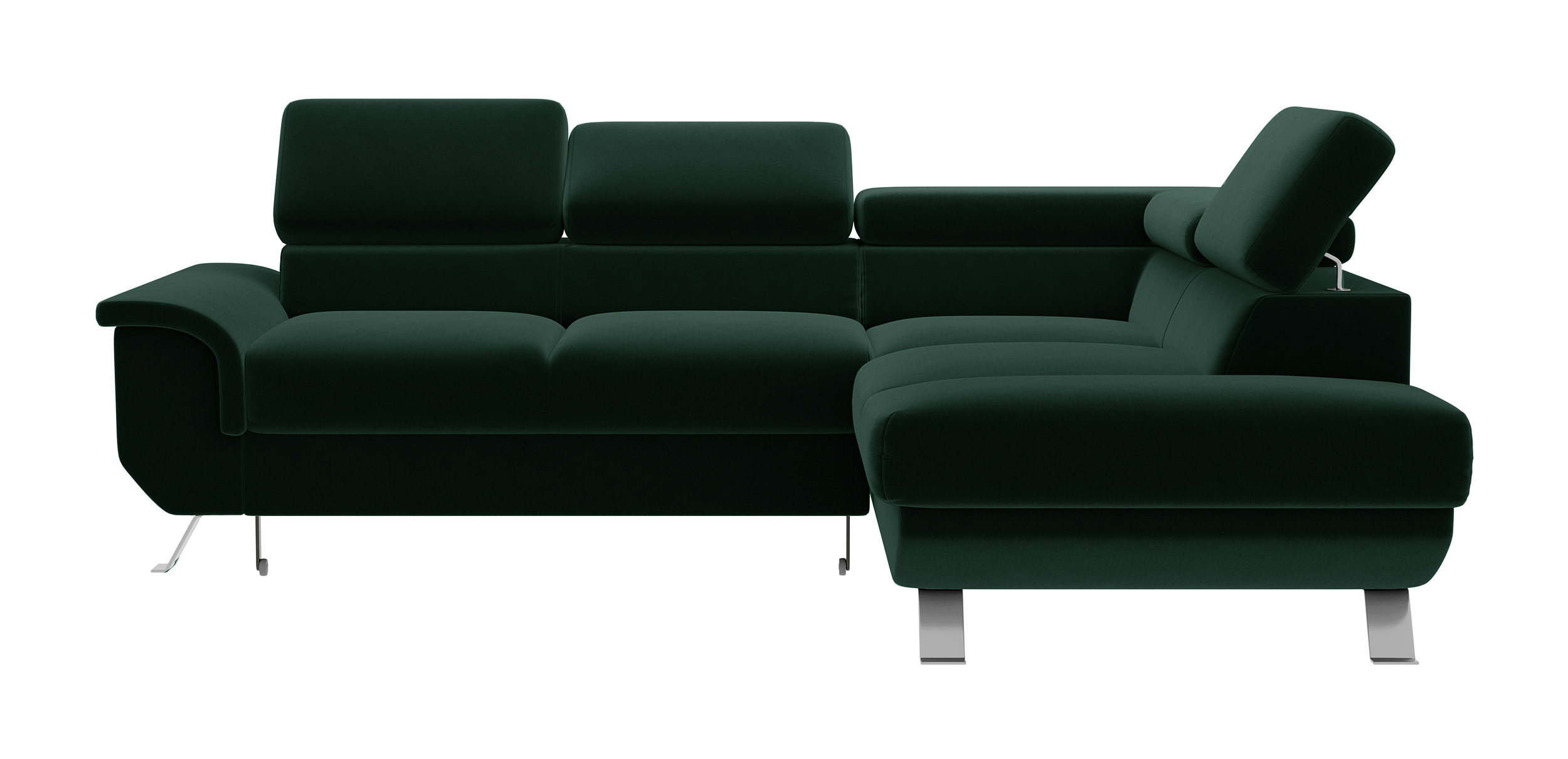 Narożnik z funkcją spania Carenero L-kształtny z pojemnikiem i regulowanymi zagłówkami ciemnozielony welur hydrofobowy prawostronny - zdjęcie 1