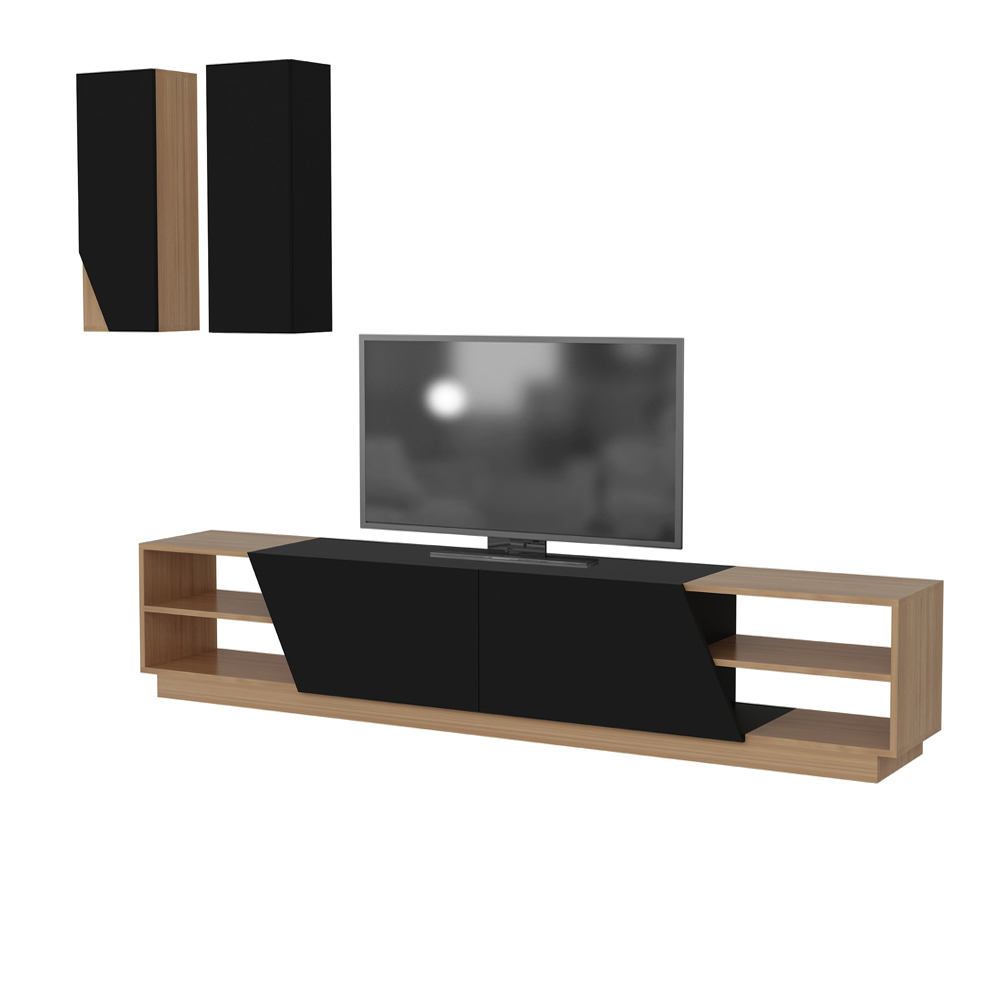 Szafka RTV Duetic z czarnymi frontami z dwiema szafkami naściennymi - zdjęcie 1