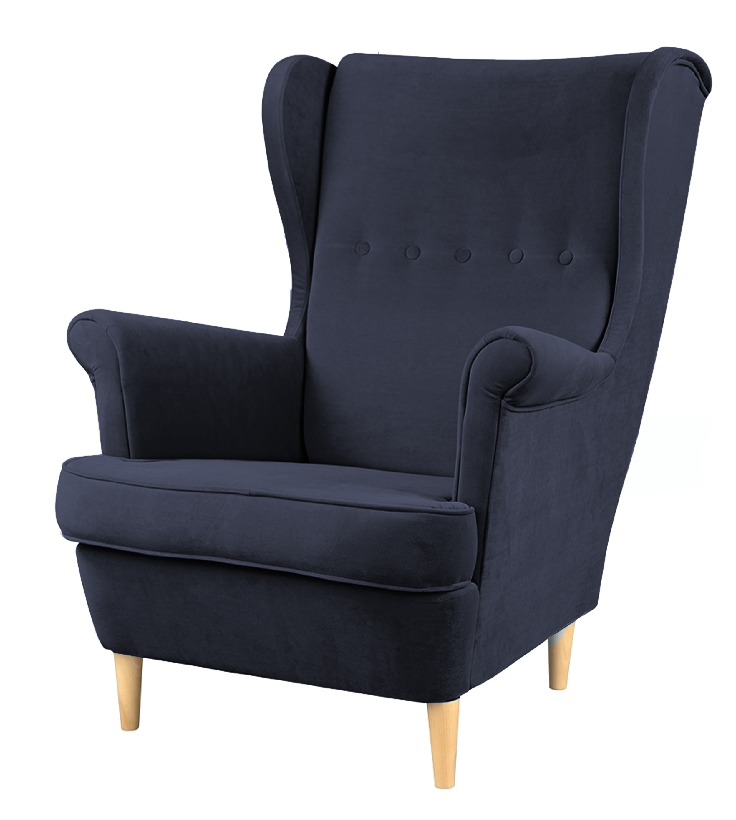 Fotel uszak Malmo granatowy w tkaninie Easy Clean na bukowych nóżkach - zdjęcie 1