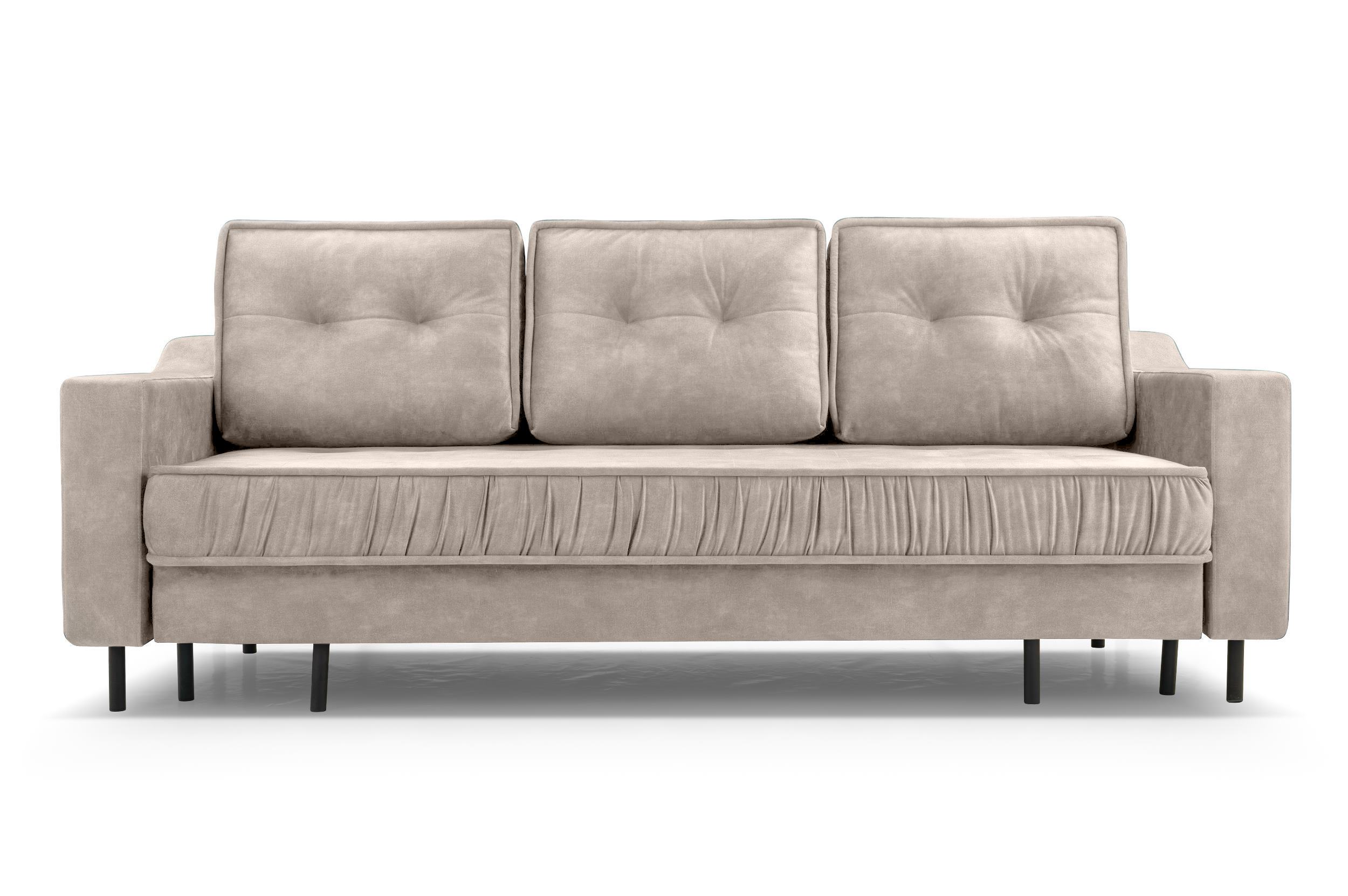 Kanapa rozkładana trzyosobowa Kojola z pojemnikiem beżowa welur hydrofobowy - zdjęcie 1