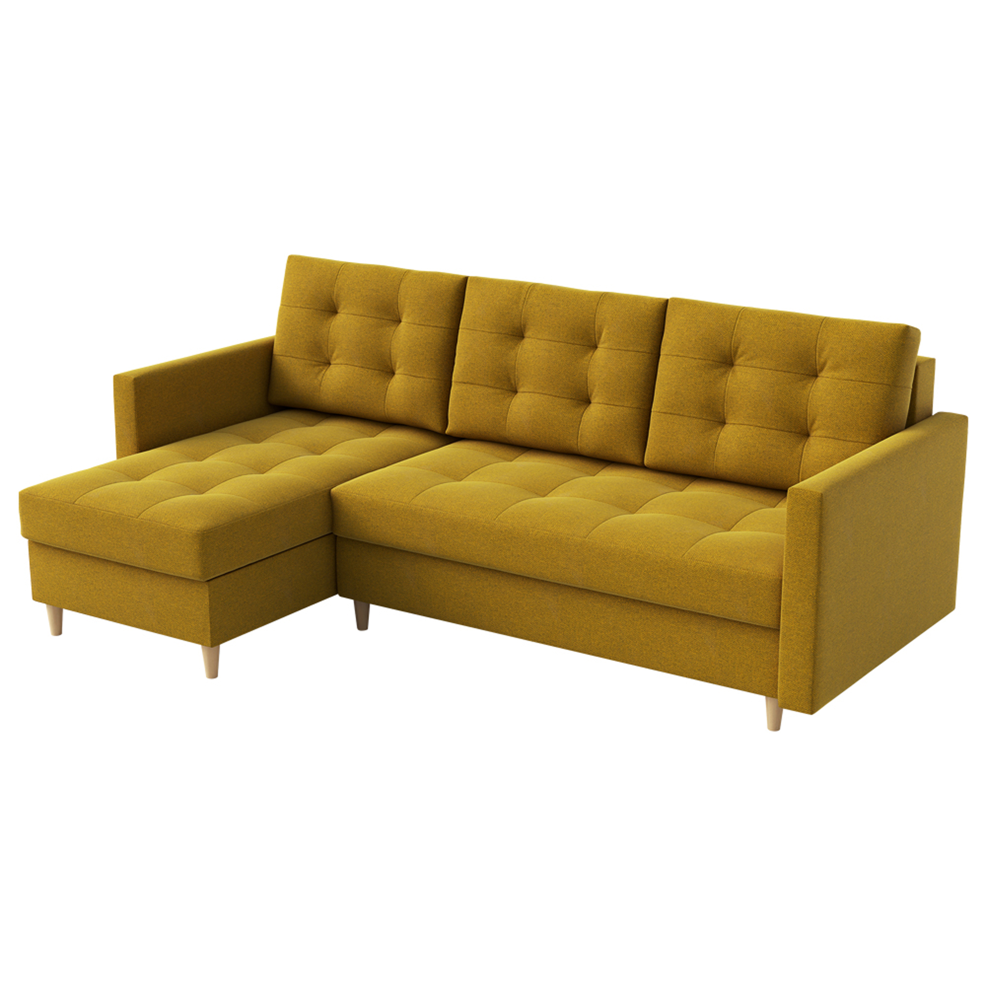 Narożnik z funkcją spania Plauton L-kształtny z pojemnikiem uniwersalny musztardowy plecionka - zdjęcie 1