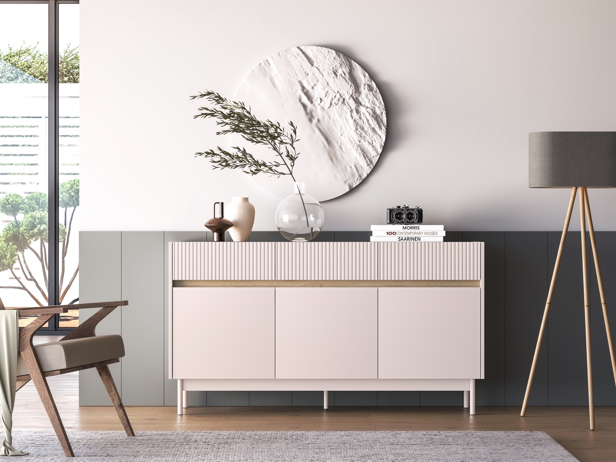 Komoda trzydrzwiowa Dunea z trzema szufladami 154 cm kaszmir/dąb